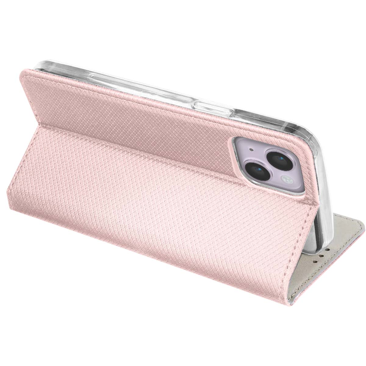 Una custodia rosa per telefono a forma di libro è aperta, che tiene un telefono. La custodia ha una superficie strutturata e un bordo grigio chiaro.