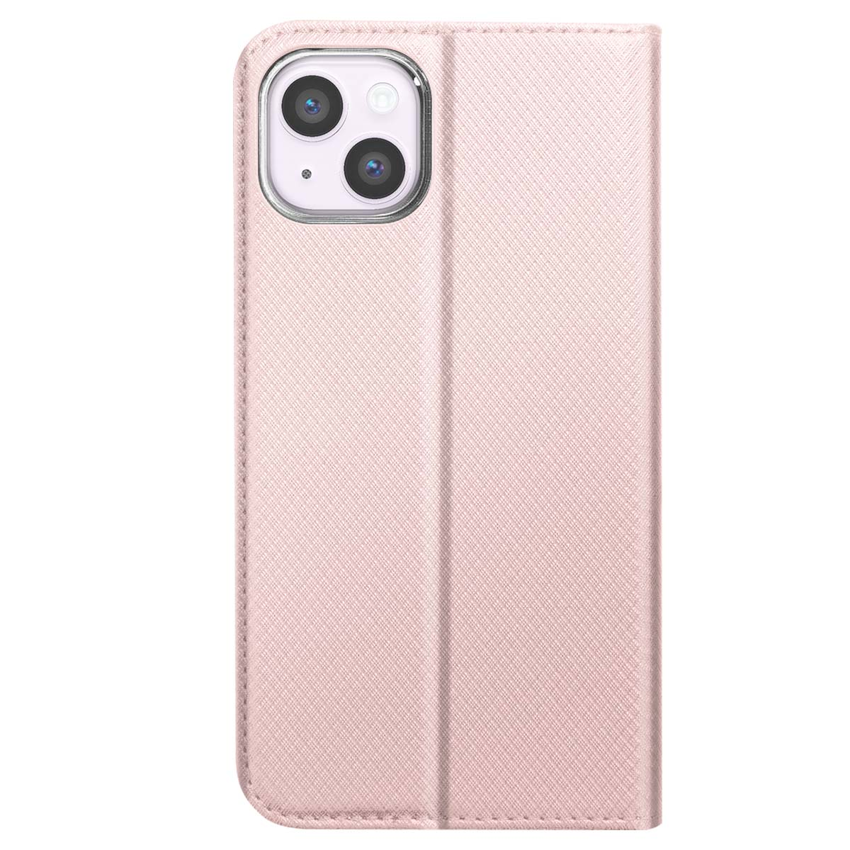 Una custodia rosa per telefono con superficie testurizzata. La custodia ha una copertura e un ritaglio per la fotocamera. La fotocamera del telefono è visibile.