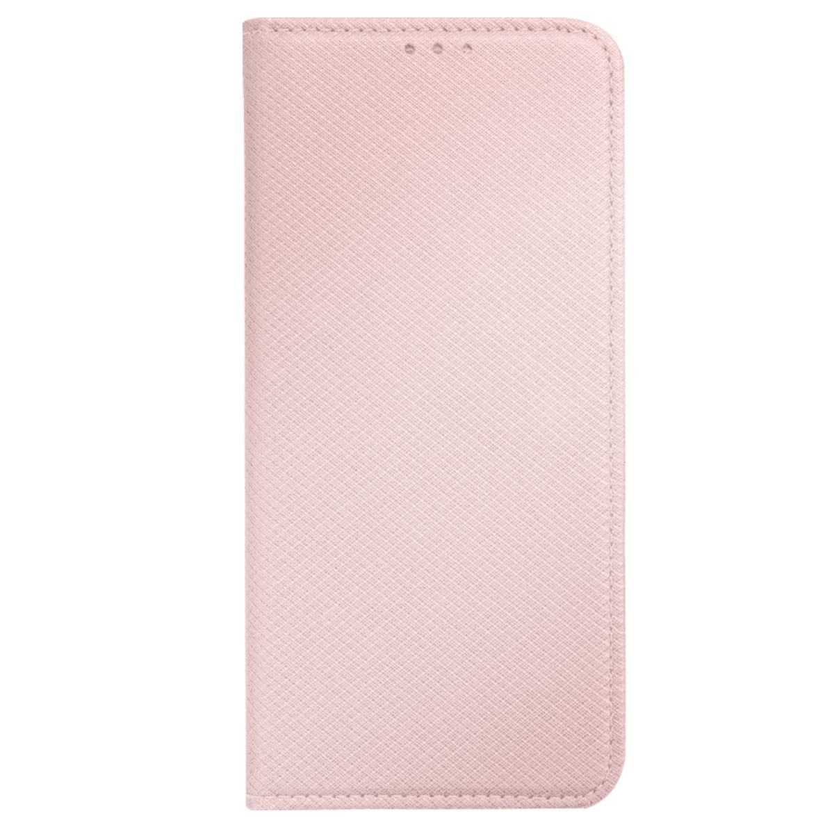 Una custodia per telefono rosa chiaro con superficie strutturata. La custodia ha un bordo cucito e piccoli fori nella parte superiore.
