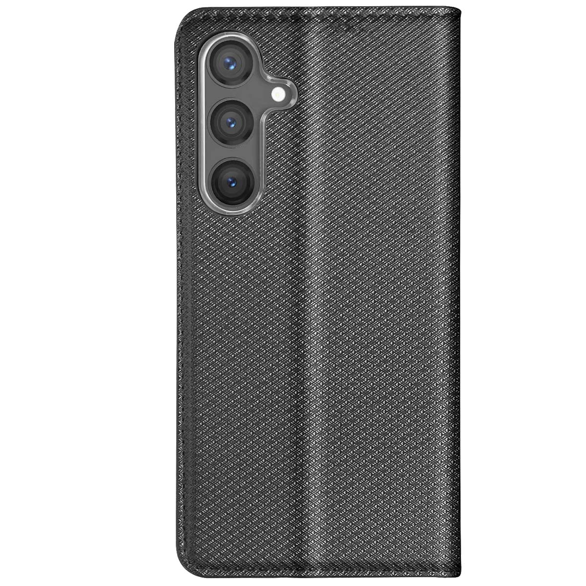 Custodia per telefono nera con tre lenti della fotocamera. Superficie strutturata, design pieghevole. Sfondo bianco.