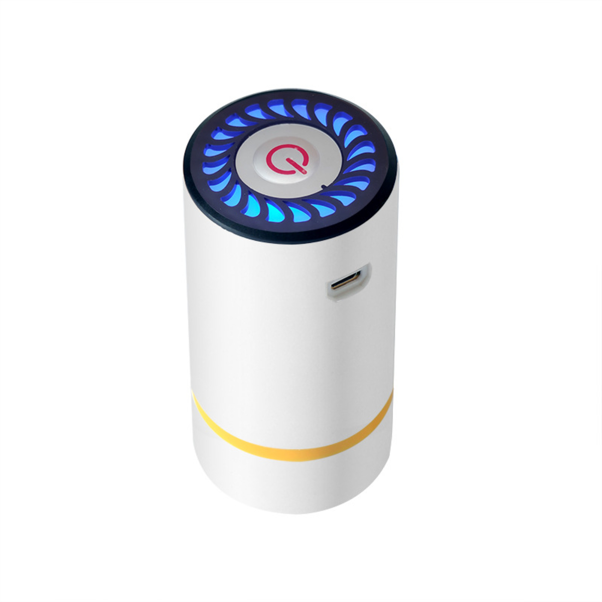 Weißes zylindrisches Gerät mit blauem Lichtring oben und einem Power-Knopf. Es hat einen USB-Anschluss und ein gelbes Band.