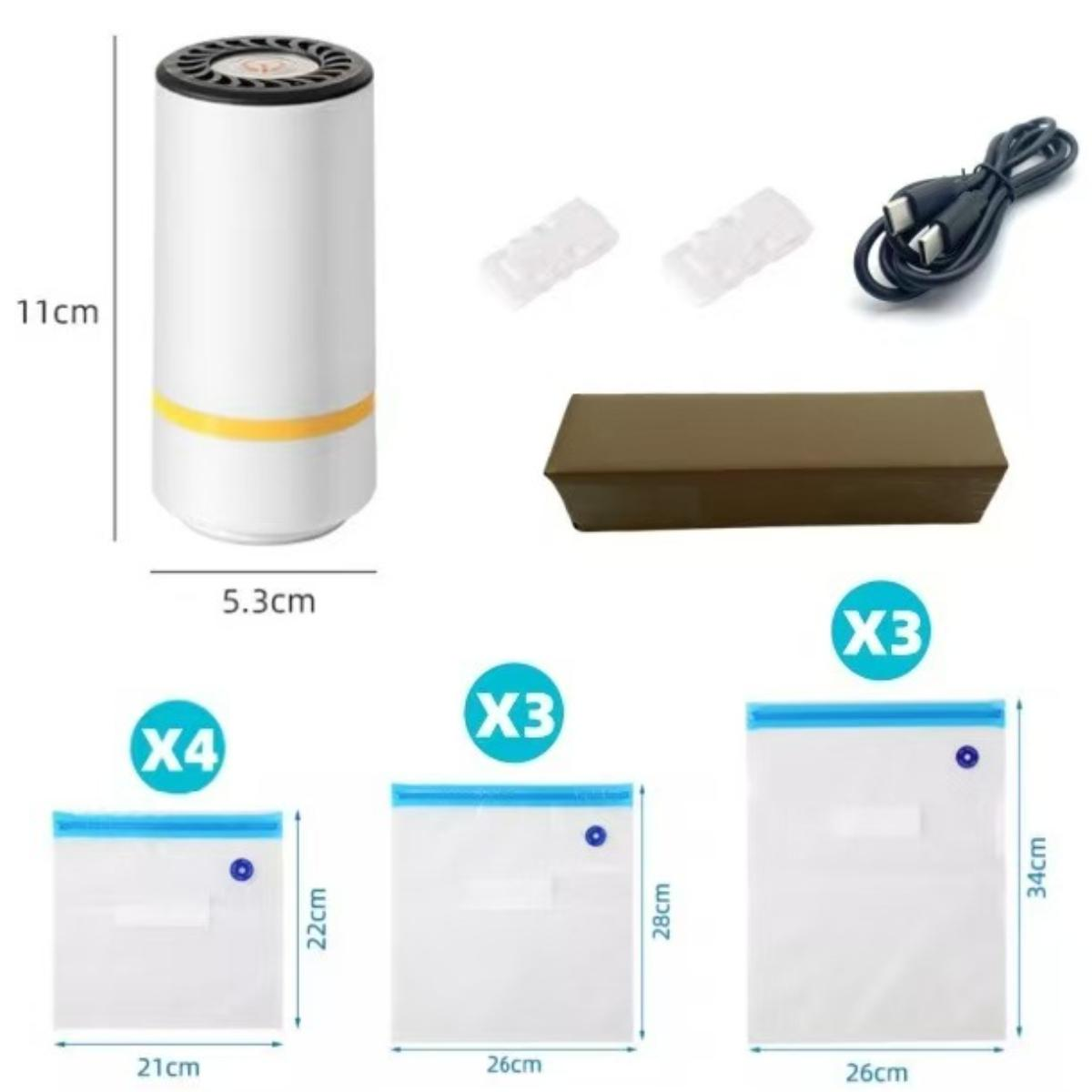 Ein Vakuumierer-Set mit Pumpe, Beuteln, USB-Kabel und Zubehör. Die Pumpe ist weiß und schwarz, mit Beuteln verschiedener Größen.