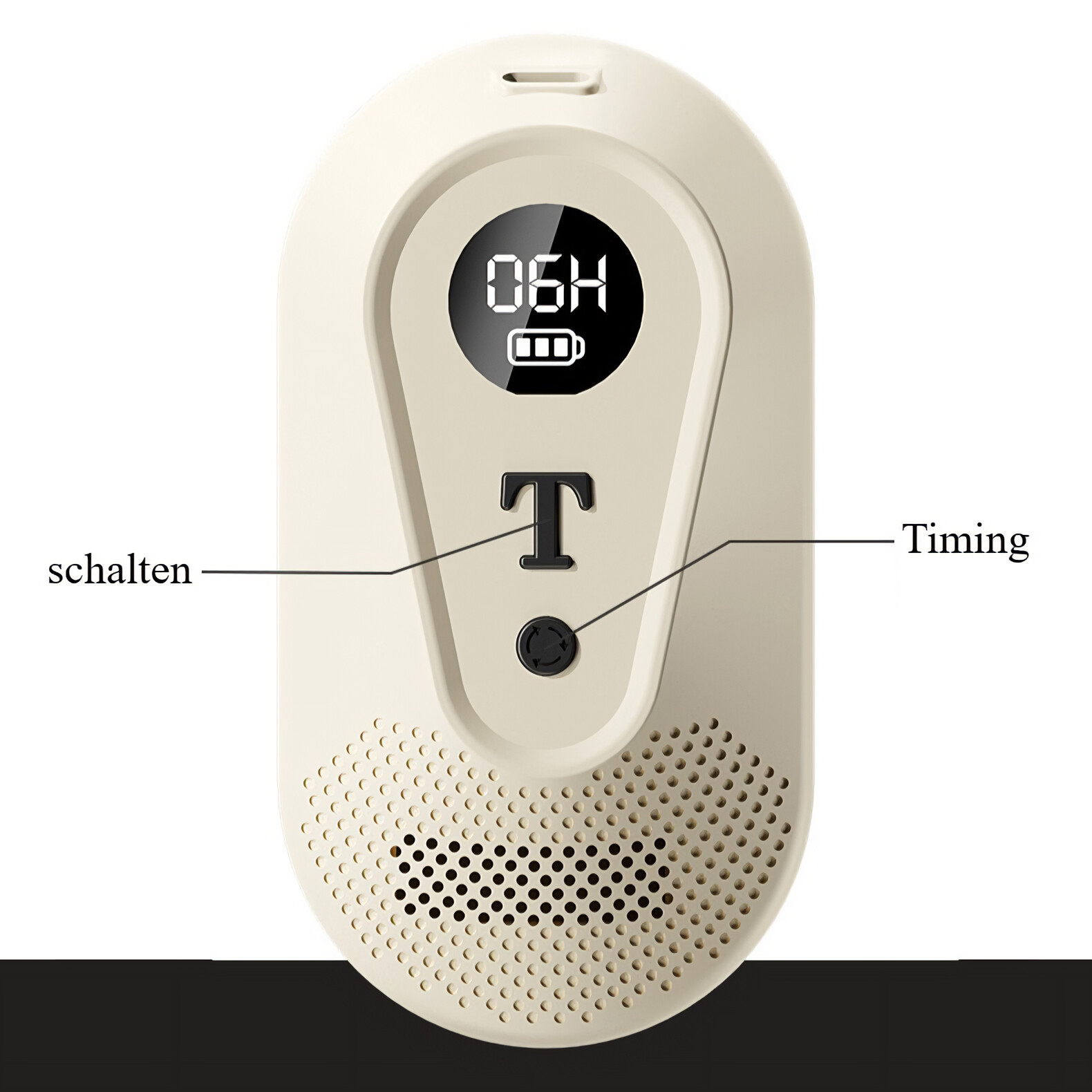 Cremefarbenes Gerät mit Bildschirm, der '06H' und Batterie anzeigt. Es hat eine 'T'-Taste, einen Steuerknopf und die Beschriftungen 'Timing' und 'schalten'.