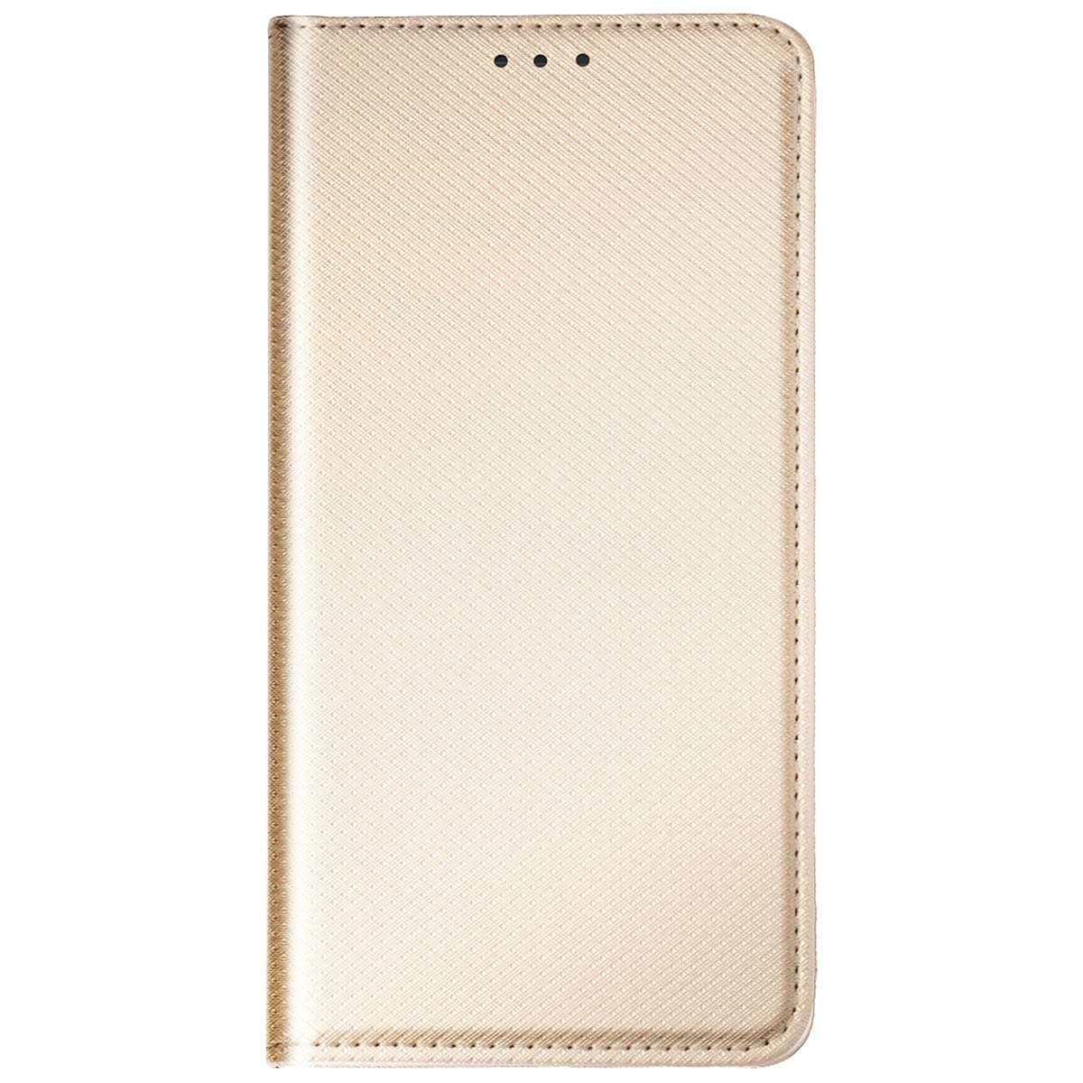 Una custodia beige per telefono, chiusa, con superficie strutturata e bordi cuciti. Tre piccoli fori in alto. Isolato su bianco.