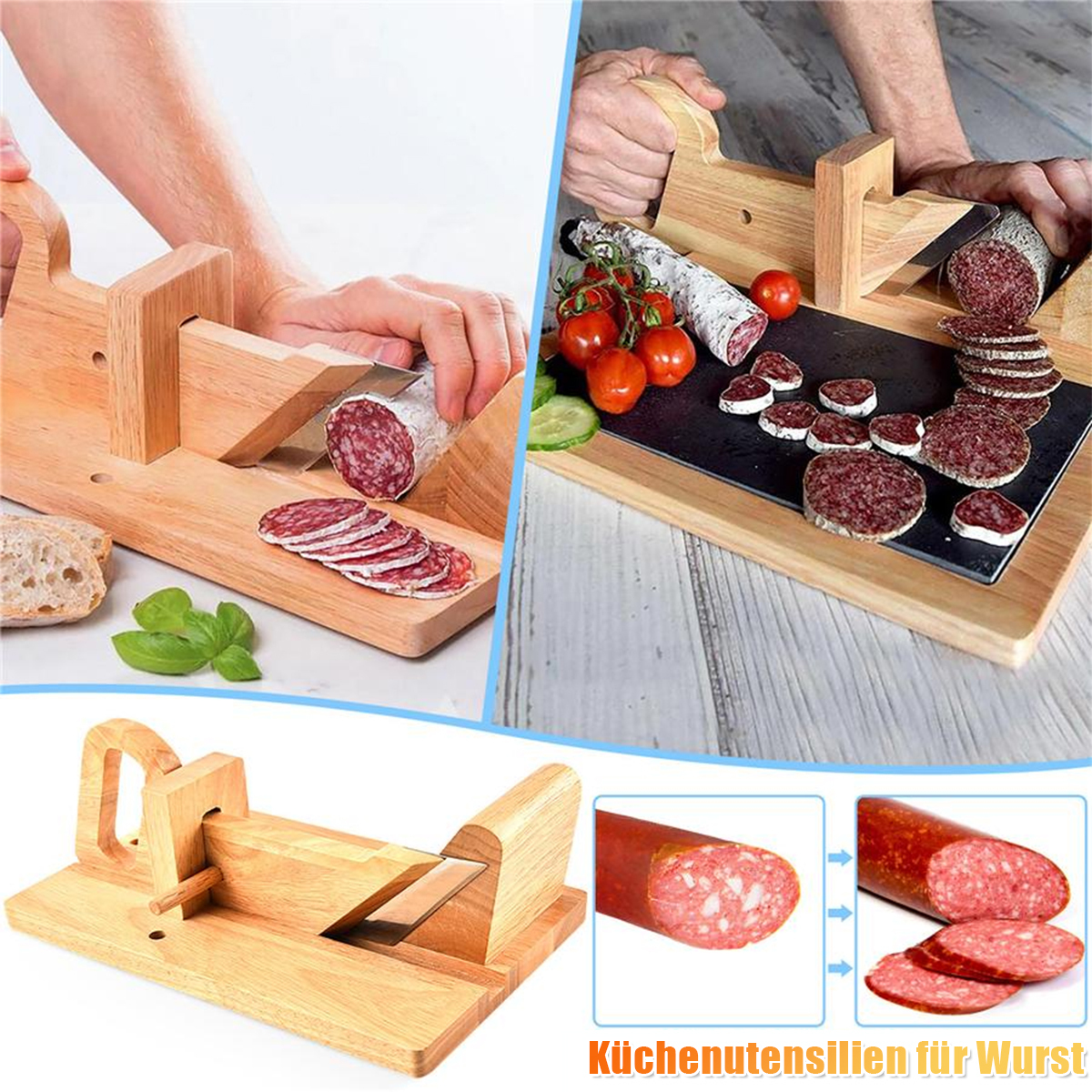Wurstschneider aus Holz mit Salami, die geschnitten wird. Geschnittene Salami, Tomaten und Gurken sind sichtbar. Text: Küchenutensilien für Wurst.