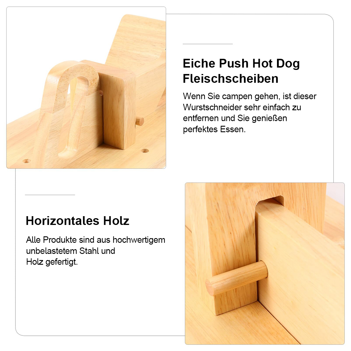 Holzwurstschneider. Es ist aus hellem Holz gefertigt. Es gibt zwei vergrößerte Fotos des Schneiders und Text auf Deutsch.