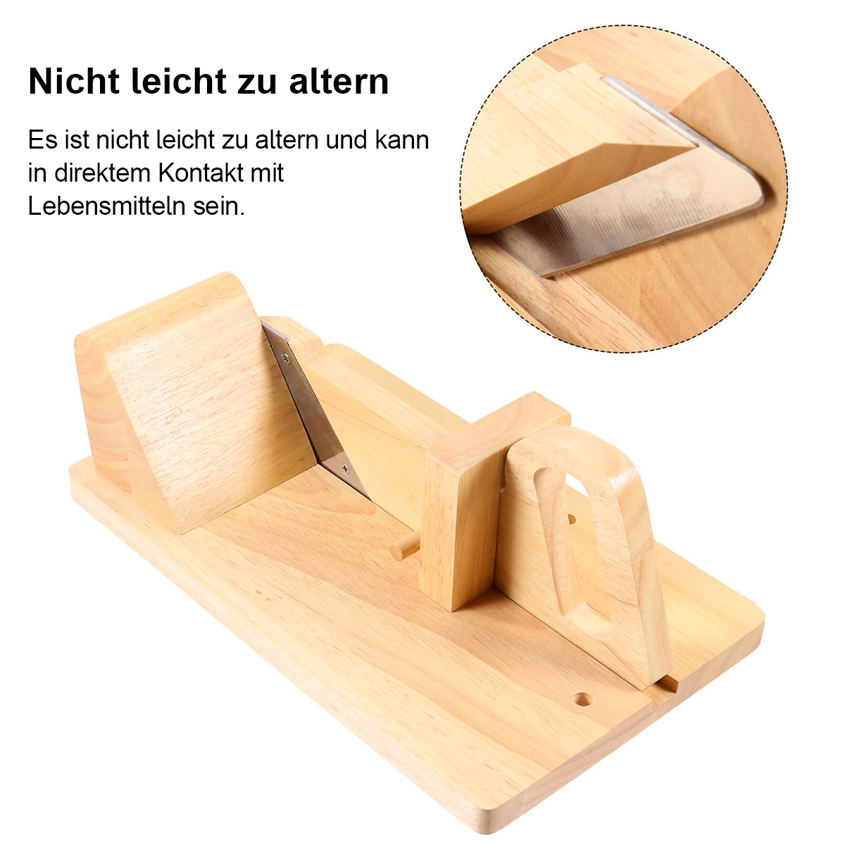 Hölzerner Lebensmittel-Schneider mit Edelstahlklinge, auf Holzsockel. Ein kleiner Einsatz zeigt Klingendetails.