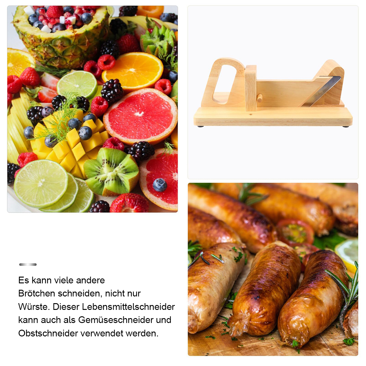 Eine Obstplatte mit Ananas, Beeren, Zitrusfrüchten und Mango. Ein Holzschneider und gegrillte Würstchen.