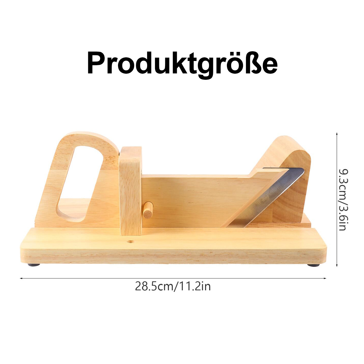 Holzseifenschneider mit Maßen. Es hat eine Klinge und einen Griff. Abmessungen: 28,5 cm/11,2 Zoll lang und 9,3 cm/3,6 Zoll hoch.