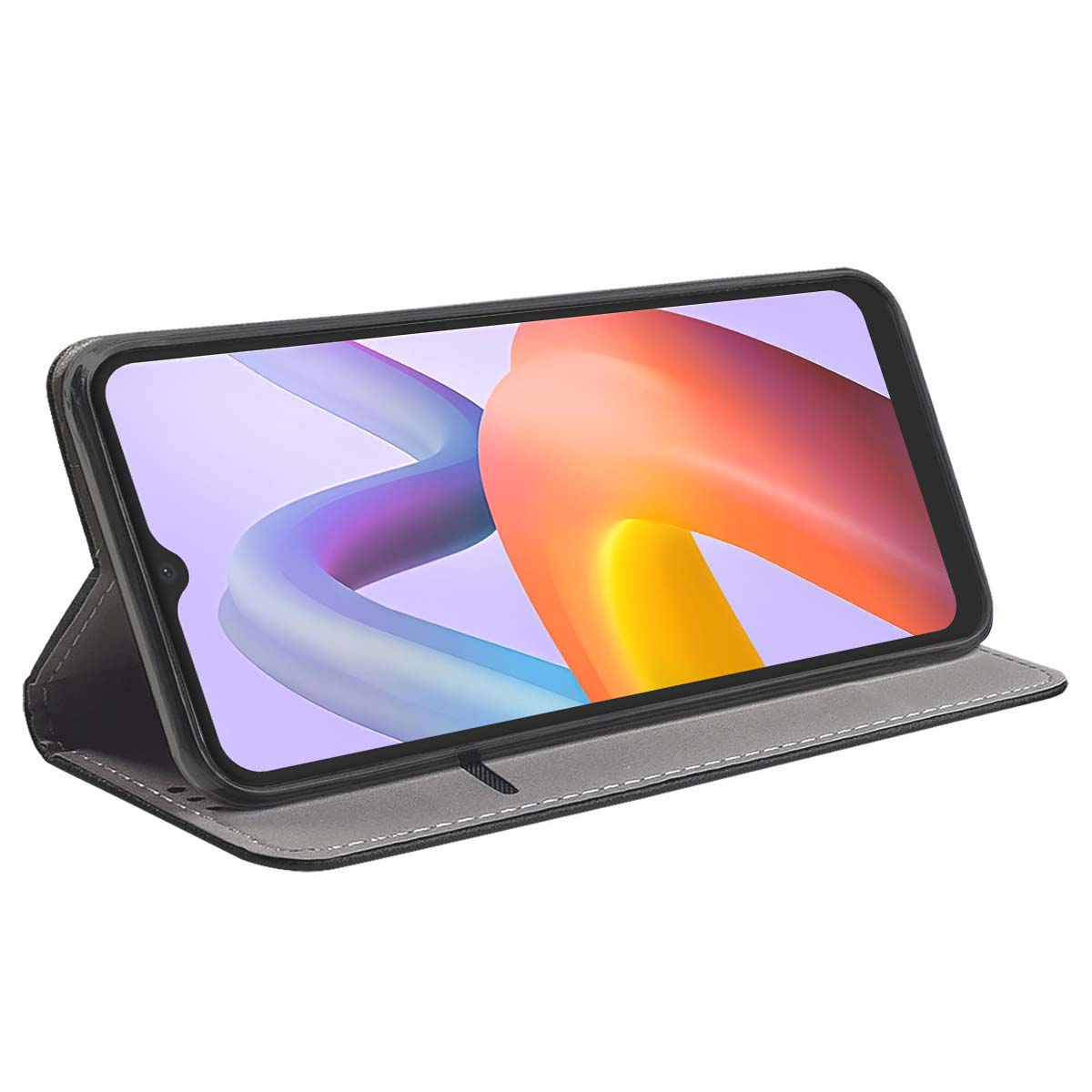 Uno smartphone in una custodia nera è mostrato aperto. Lo schermo mostra un design astratto colorato. La custodia è su una superficie bianca.