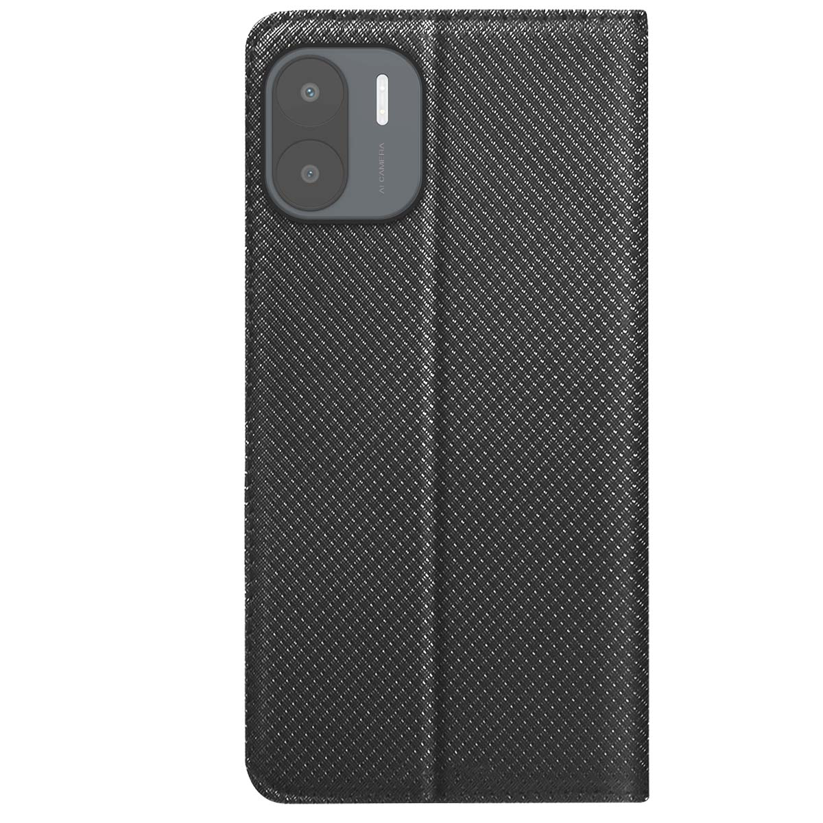 Custodia per telefono nera con superficie strutturata. In alto a sinistra modulo fotocamera con due obiettivi e flash. 'AI CAMERA' stampato.