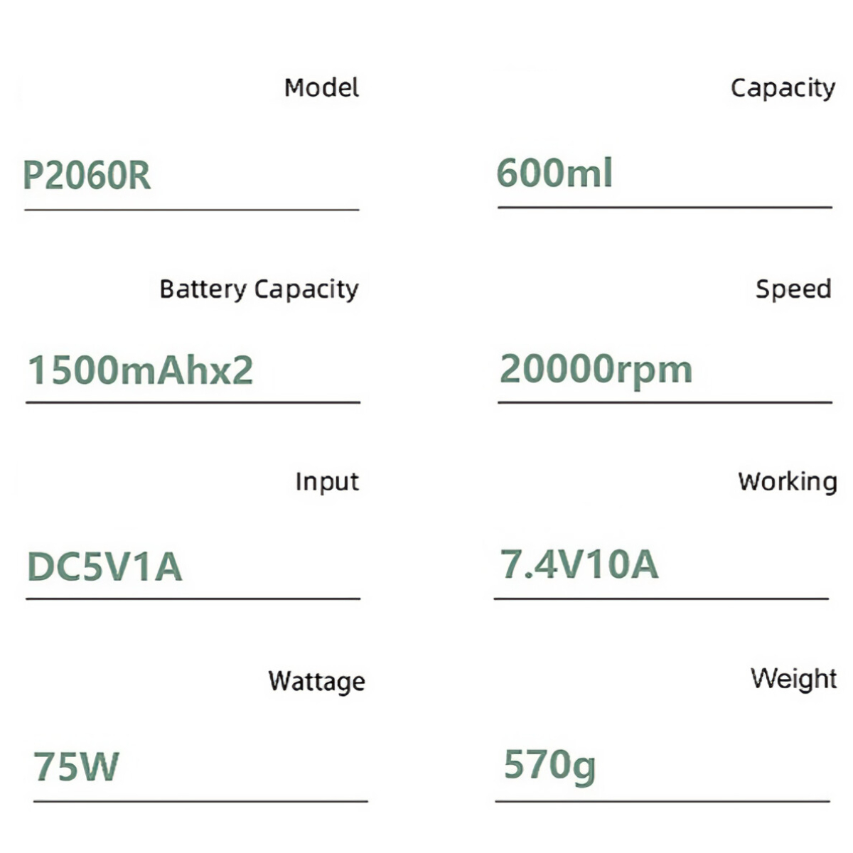 Produktspezifikationen. Modell P2060R, 600ml Kapazität, 1500mAhx2 Batterie, 20000 U/min, DC5V1A Eingang, 7,4V10A, 75W Leistung, 570g Gewicht.