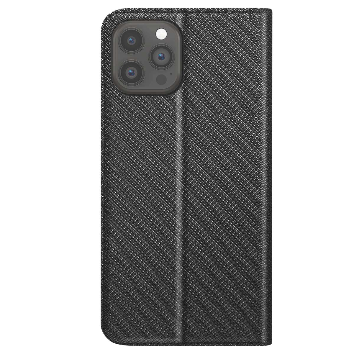Custodia nera per telefono con superficie strutturata. Le lenti della fotocamera sono visibili in alto a sinistra.