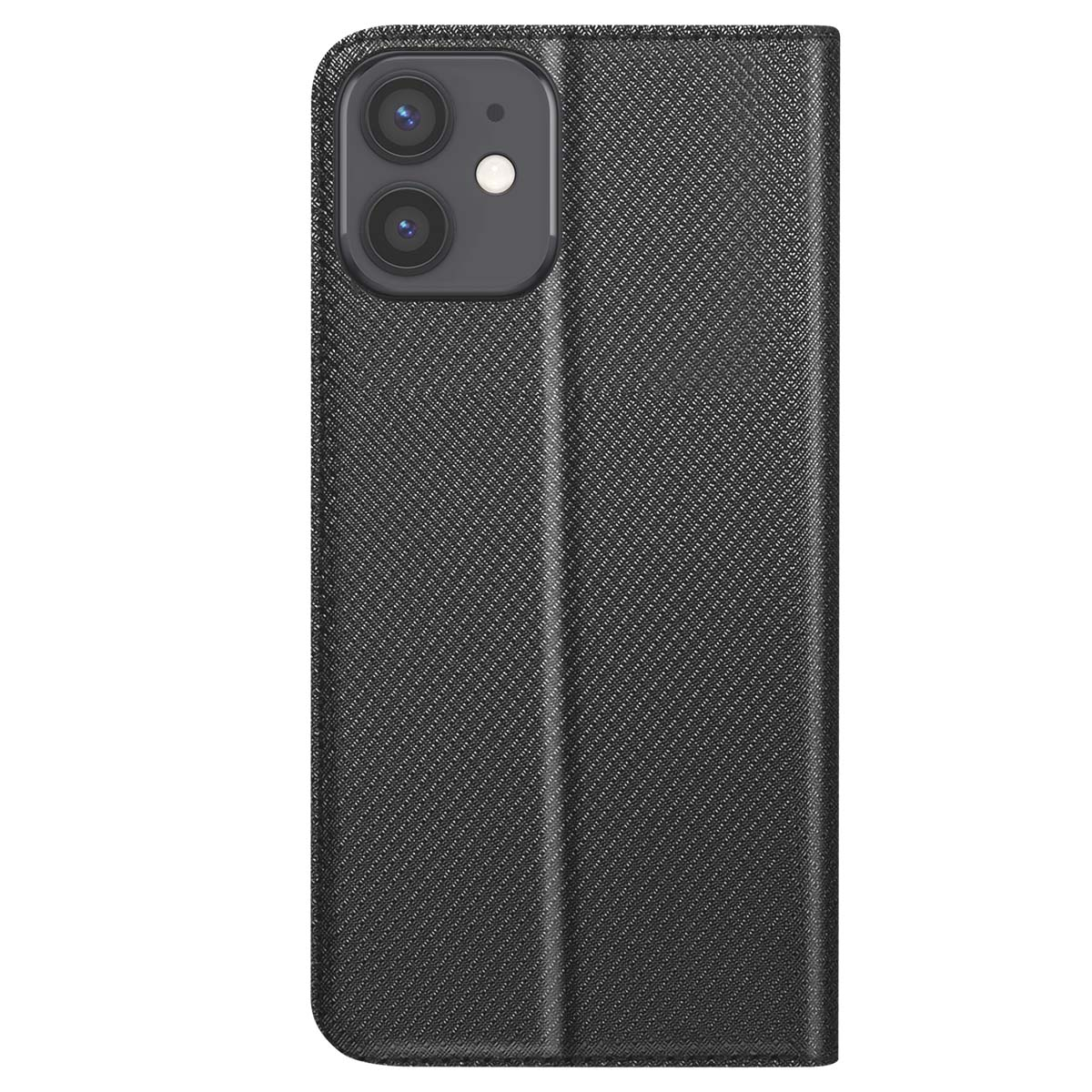 Una custodia nera per telefono con superficie strutturata. La fotocamera del telefono è visibile in alto a sinistra.