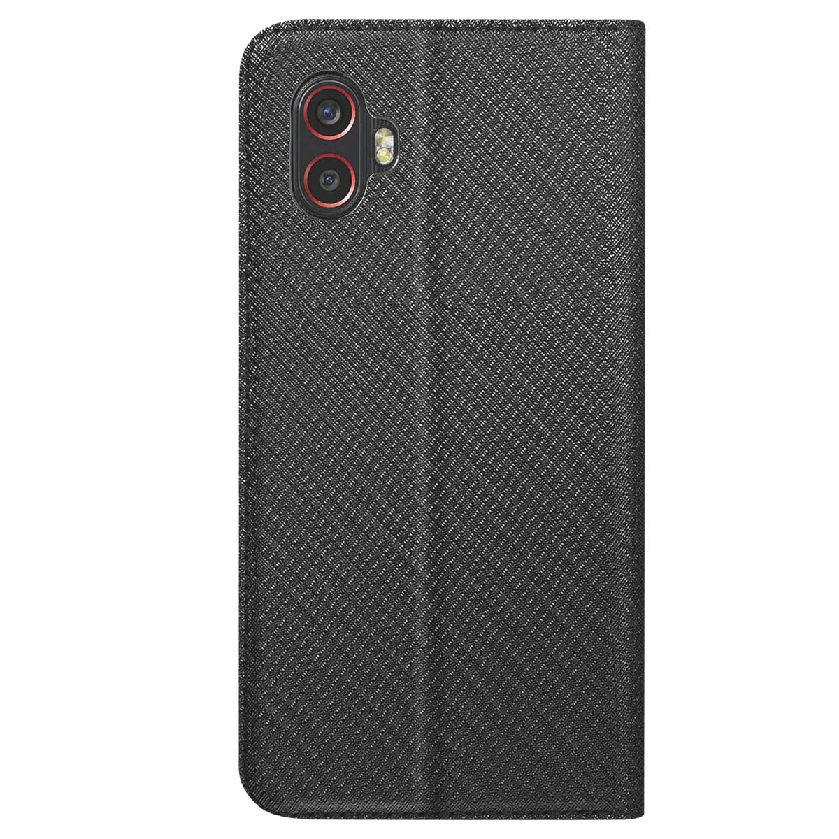 Una custodia nera strutturata per telefono con un modulo fotocamera visibile in alto. La custodia è chiusa e ha un design a portafoglio.