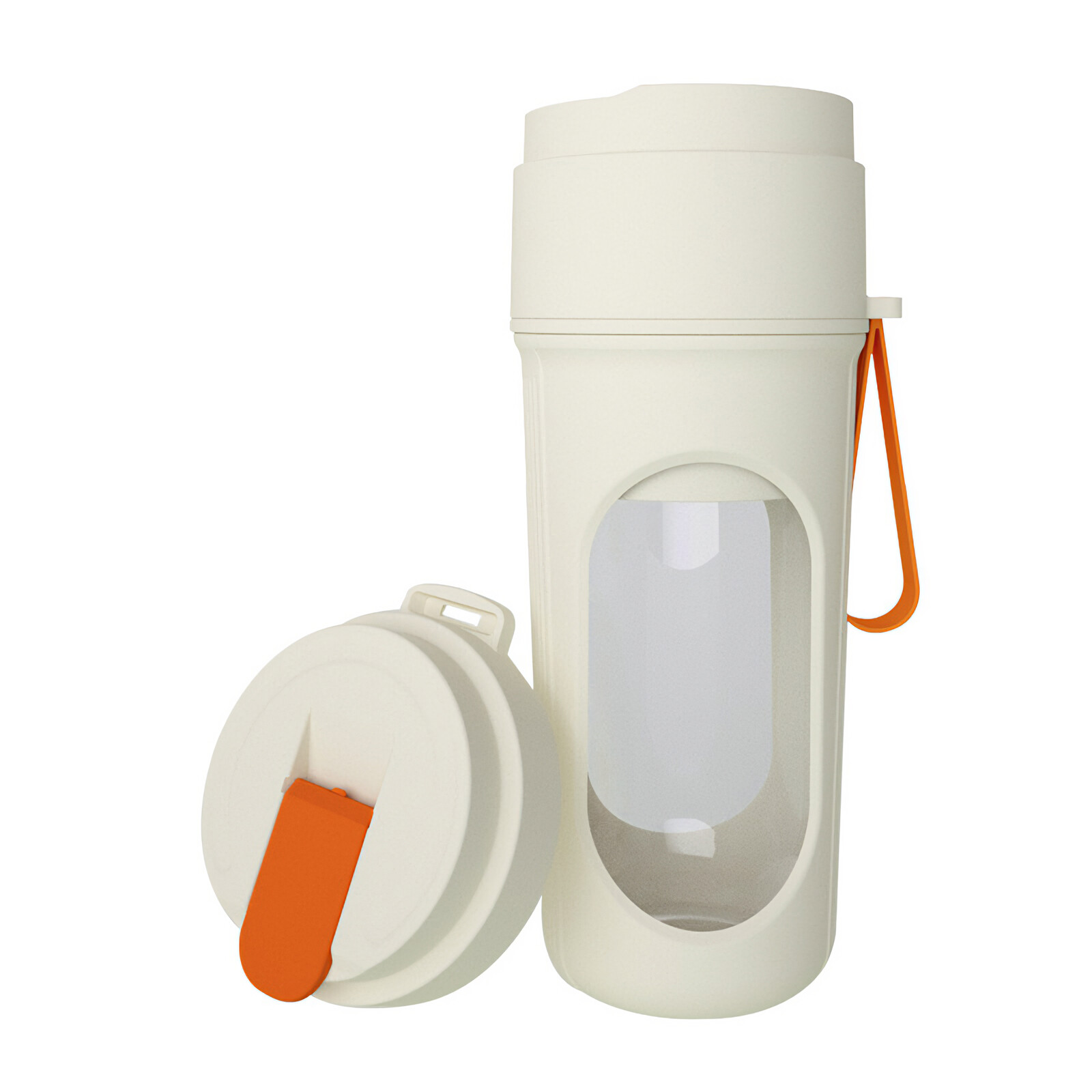 Cremefarbene Wasserflasche mit orangefarbenem Griff und Deckel. Der Deckel ist abgenommen und zeigt eine orangefarbene Lasche. Die Flasche hat ein klares Fenster.