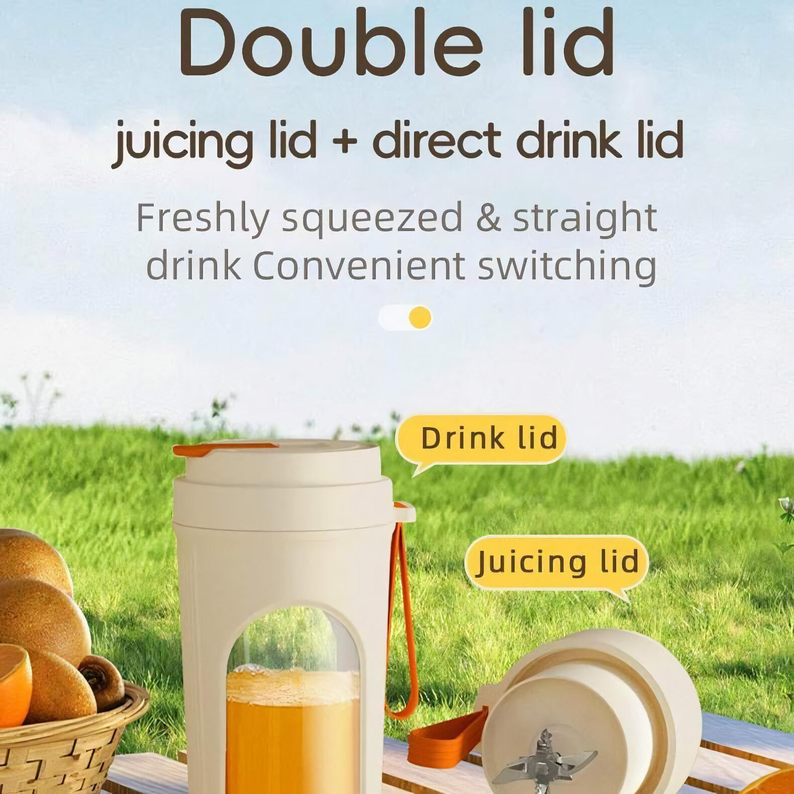 Das Bild zeigt einen Entsafter mit dem Text "Double lid". Ein Trinkdeckel und ein Saftdeckel sind sichtbar. Frischer Saft ist im Behälter.