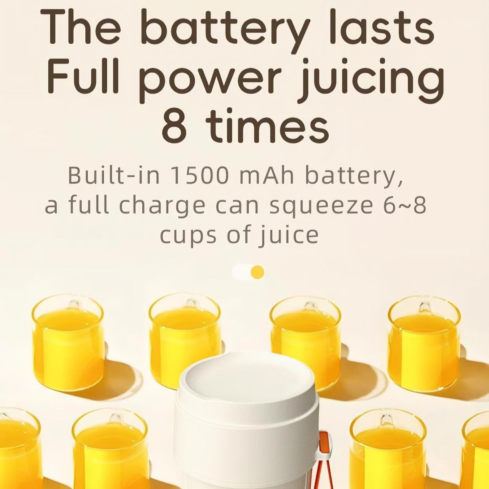 Das Bild zeigt Text über die Akkulaufzeit eines Entsafters. Es zeigt auch Gläser mit Saft und einen Entsafter.