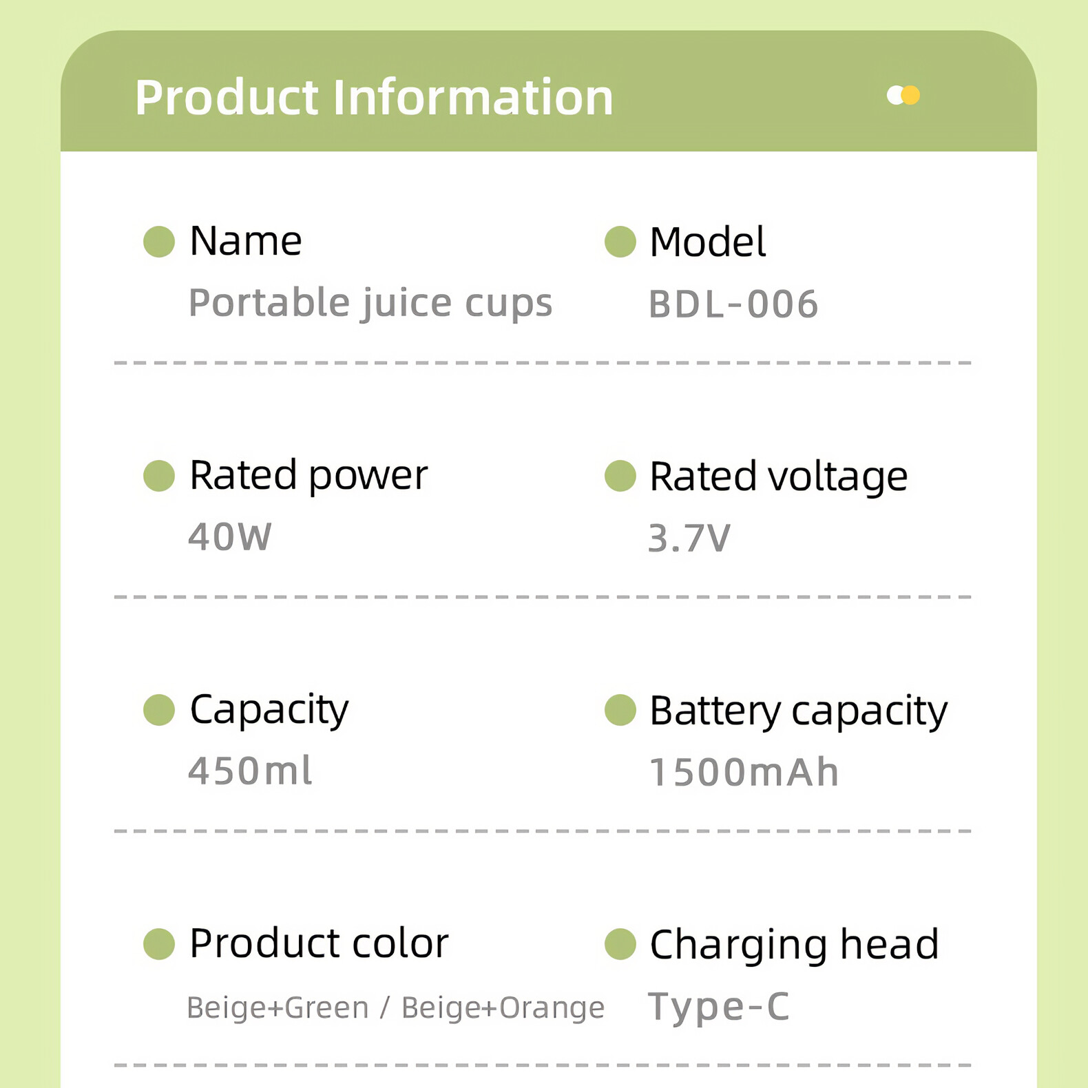 Produktinformationen: Name, tragbare Saftbecher; Modell, BDL-006; Nennleistung, 40W; Nennspannung, 3,7V; Kapazität, 450ml; Batteriekapazität, 1500mAh.