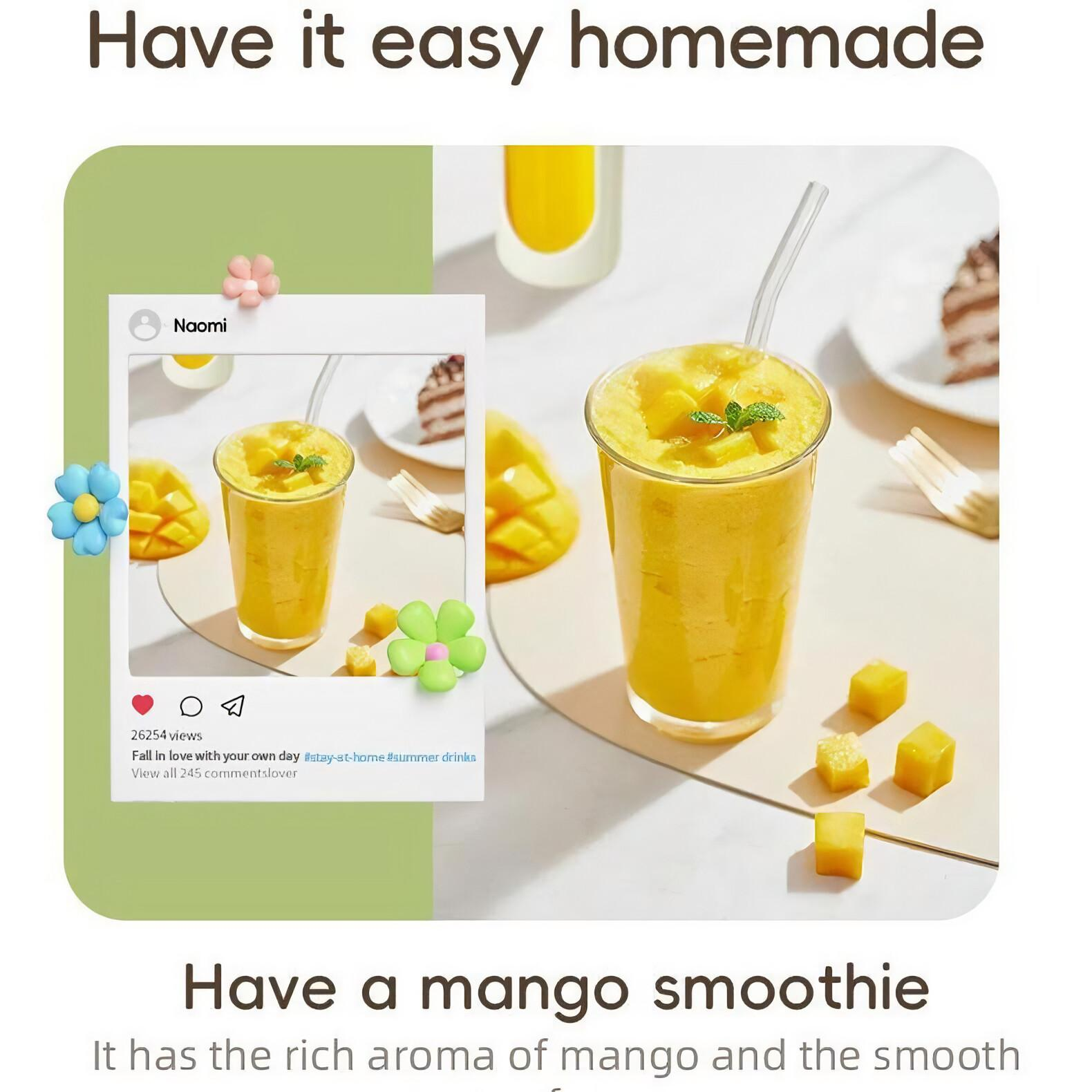 Ein Mango-Smoothie im Glas, mit Strohhalm, Minze-Garnierung und verstreuten Mangowürfeln. Ein Social-Media-Post ist ebenfalls vorhanden.