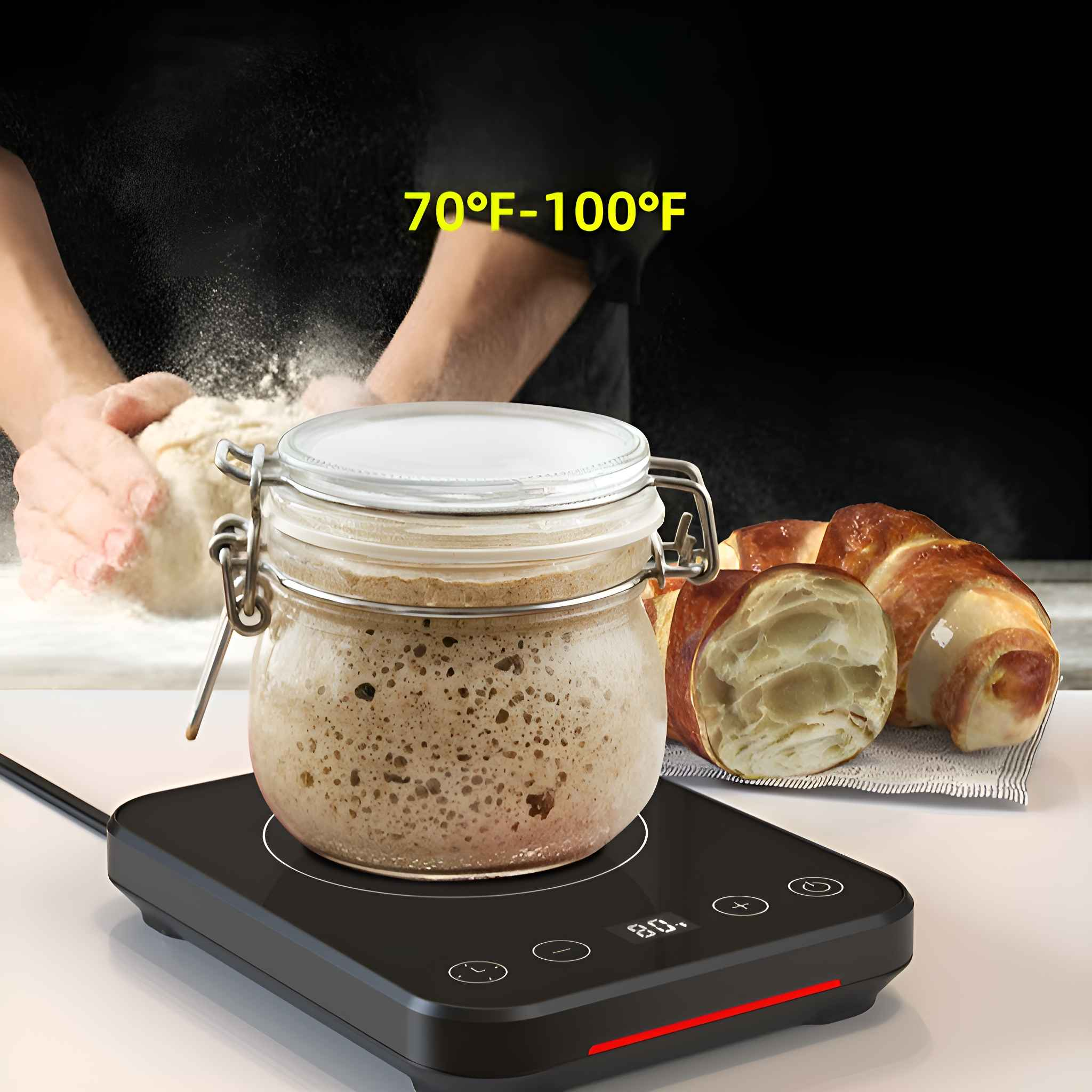 Das Bild zeigt ein Glas auf einer schwarzen Heizung mit Croissants und einer Person, die Teig knetet. Temperaturbereich: 70-100°F.