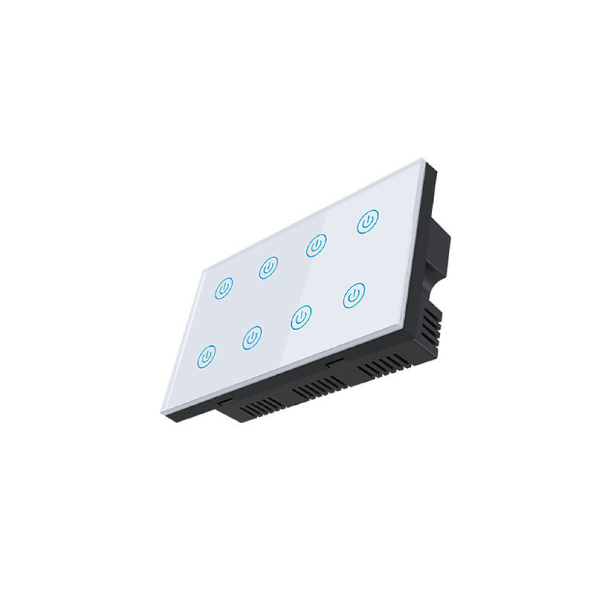 Ein Smart-Home-Lichtschalter mit weißer Oberfläche und acht blauen Stromsymbolen. Der Schalter hat einen schwarzen Rahmen und eine Lüftung.