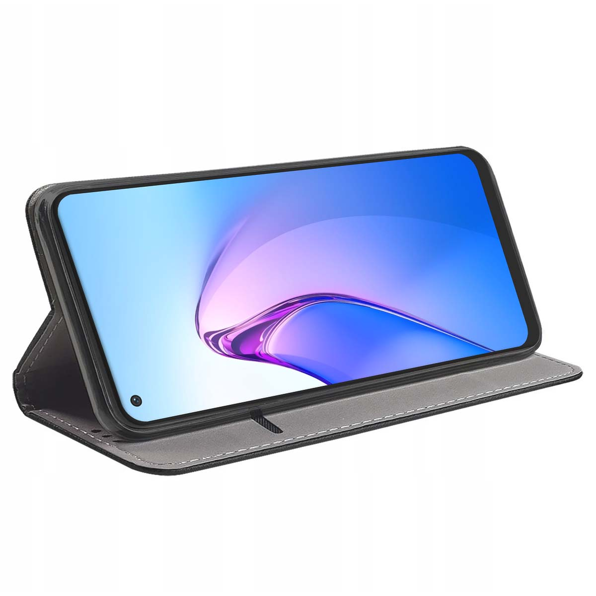 Uno smartphone in una custodia nera, puntellato. Lo schermo mostra un design astratto viola e blu.