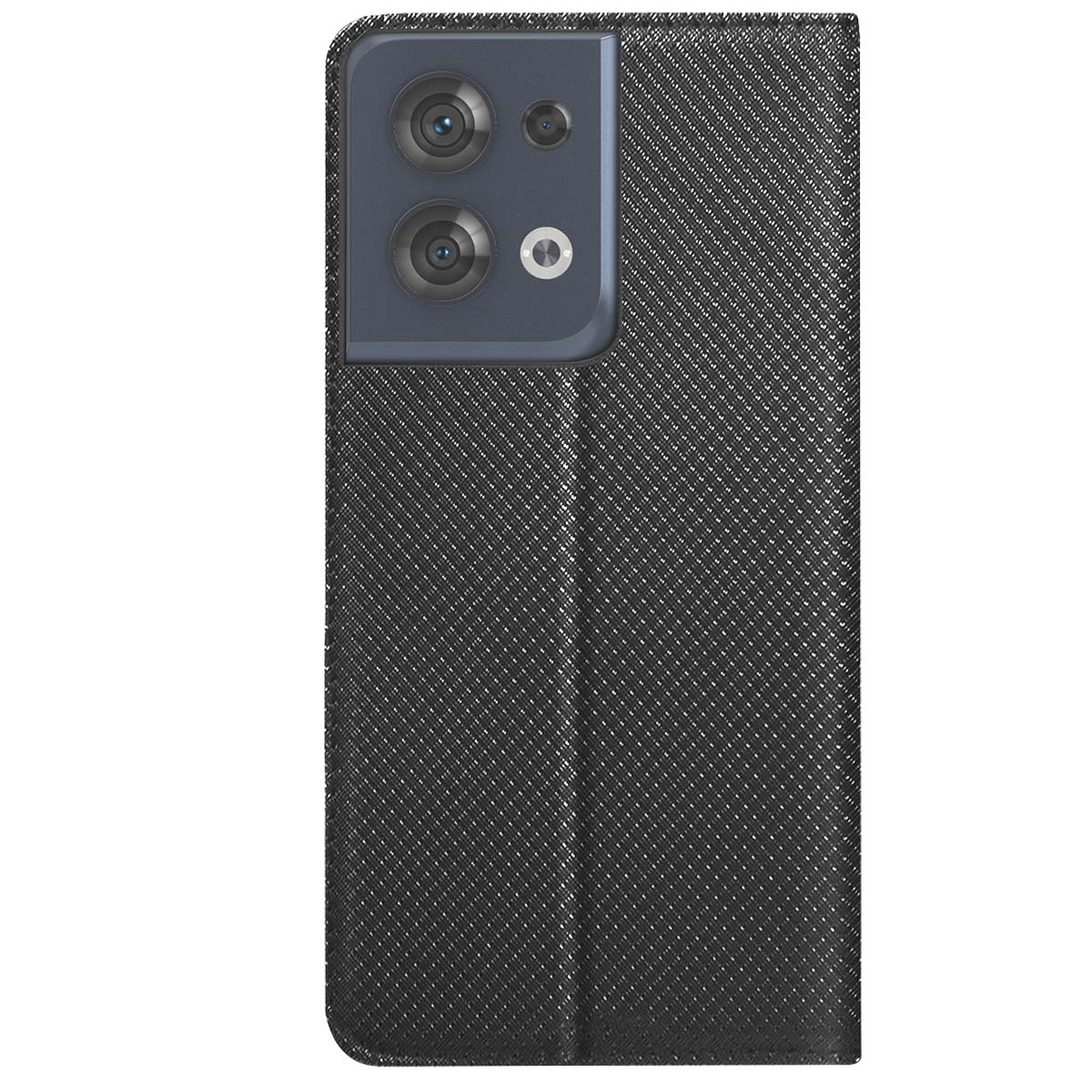 Custodia nera per telefono con modulo fotocamera. La custodia ha un motivo strutturato. Il modulo ha più lenti e un flash.