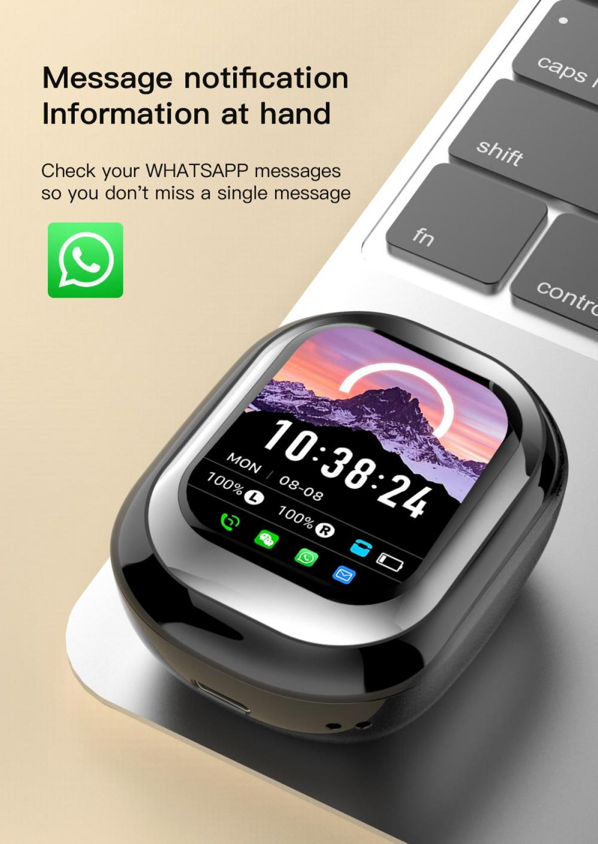 Eine Smartwatch zeigt Zeit und Benachrichtigungen an und liegt auf einer Tastatur. Text: "Nachrichten-Benachrichtigung zur Hand" und WhatsApp-Logo.