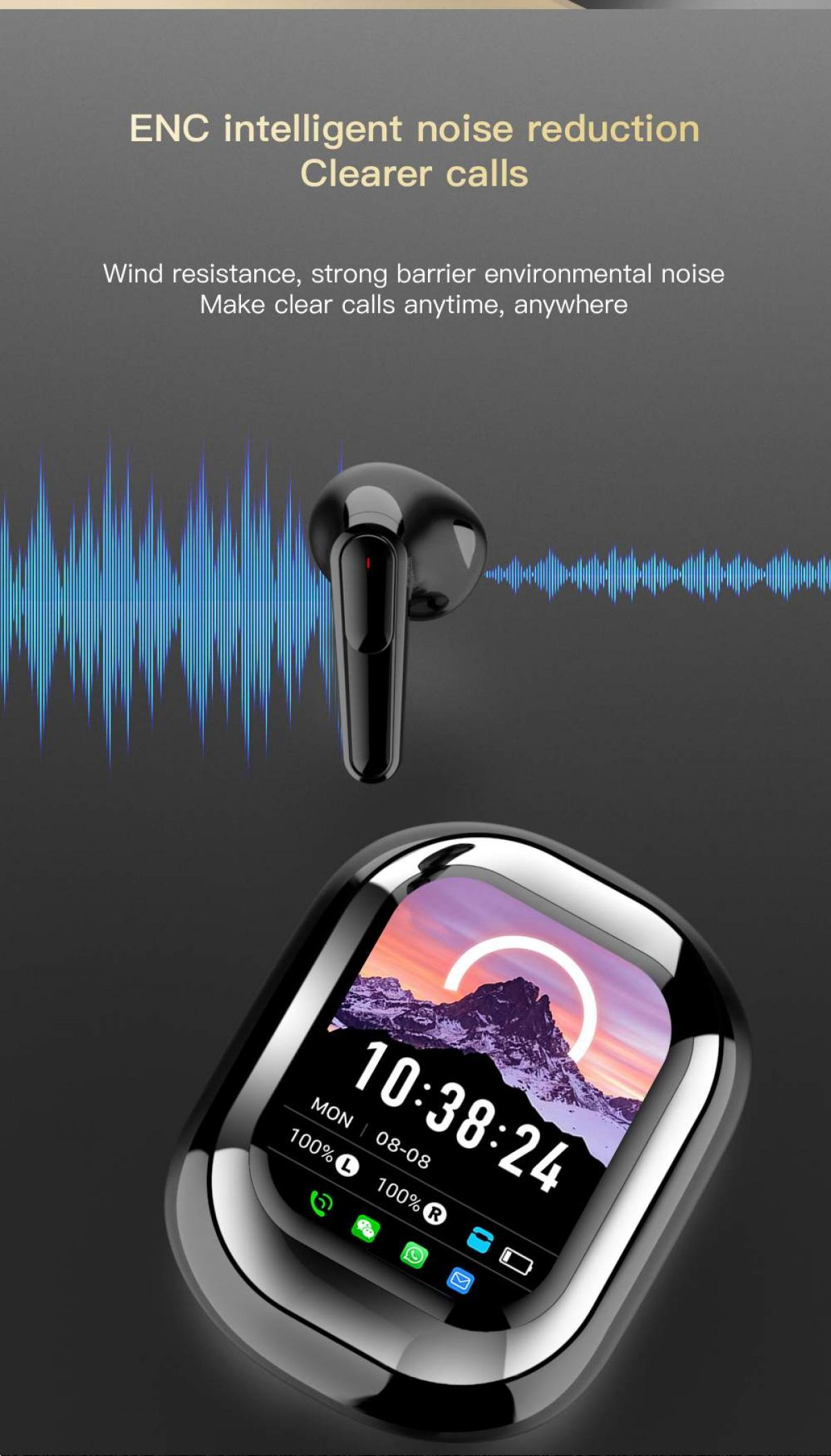 Das Bild zeigt schwarze kabellose Ohrhörer und eine Smartwatch, die die Uhrzeit anzeigt. Der Hintergrund hat Schallwellen Grafiken.