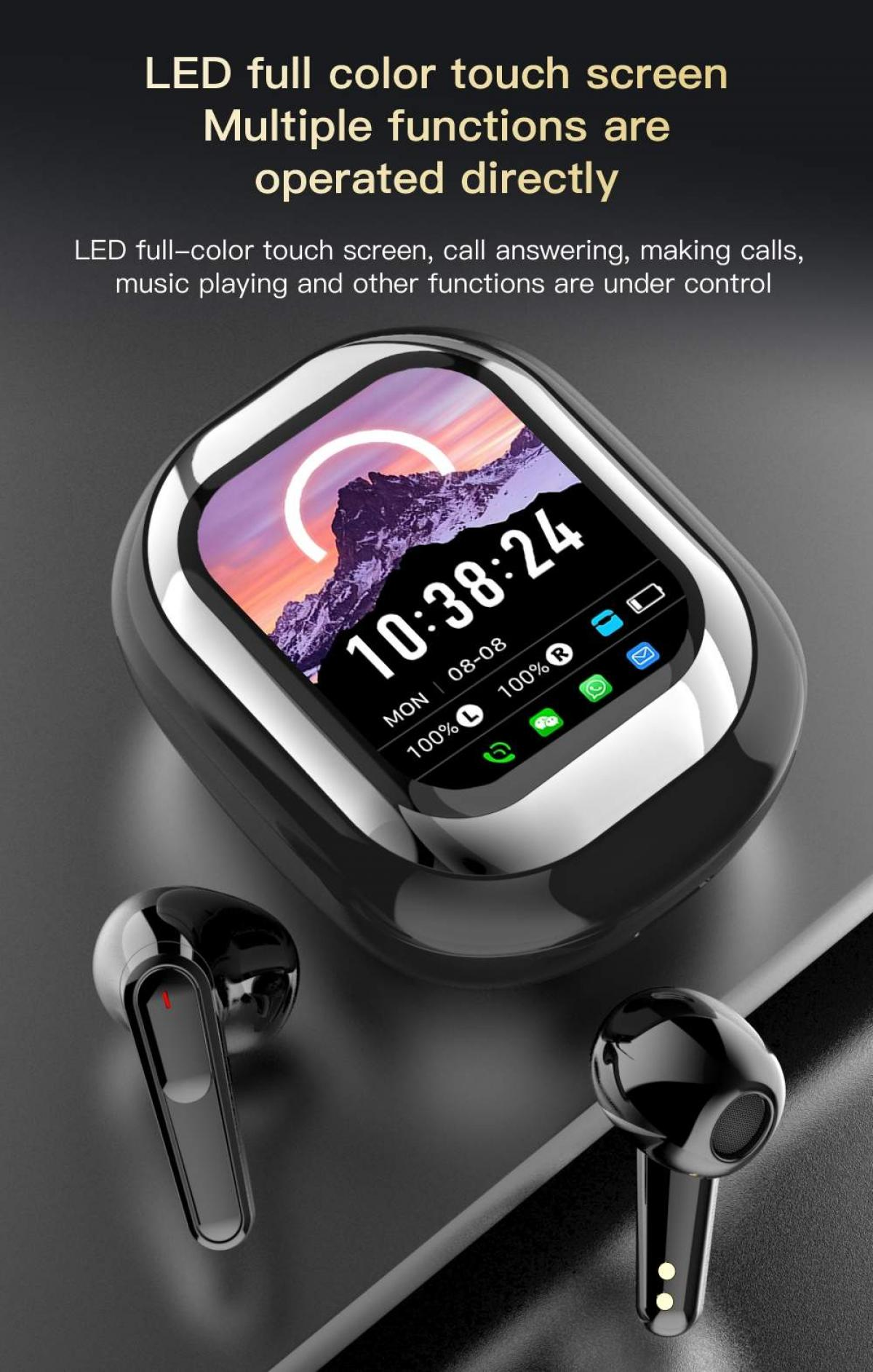 Schwarze Smartwatch mit Bildschirm, der Zeit und Akkulaufzeit anzeigt. Zwei schwarze kabellose Ohrhörer sind vorhanden. Der Hintergrund ist dunkel.