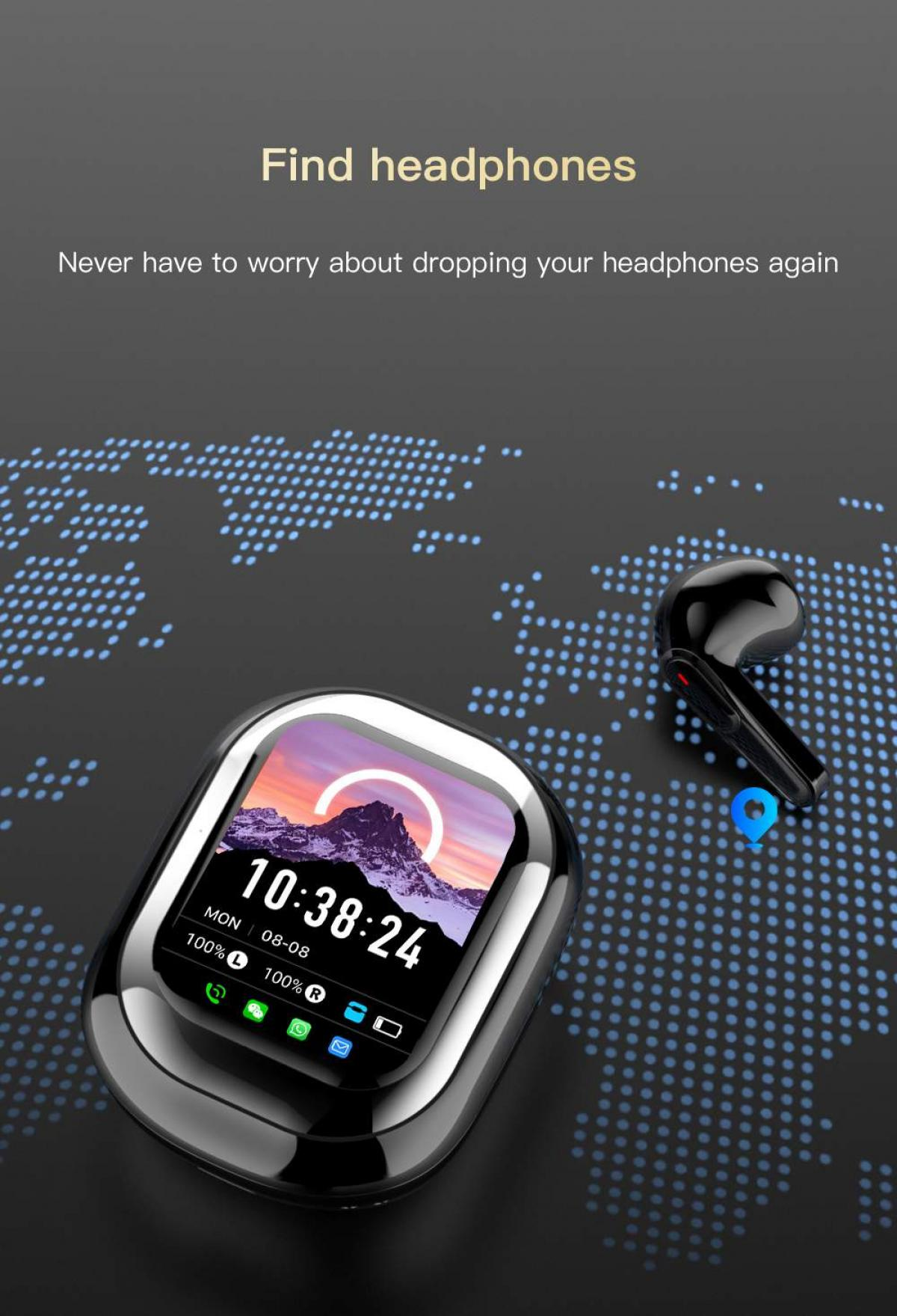 Eine schwarze Smartwatch zeigt die Uhrzeit und den Akku an. Ein schwarzer Ohrhörer und eine blaue Stecknadel befinden sich auf der rechten Seite. Der Hintergrund ist dunkel.