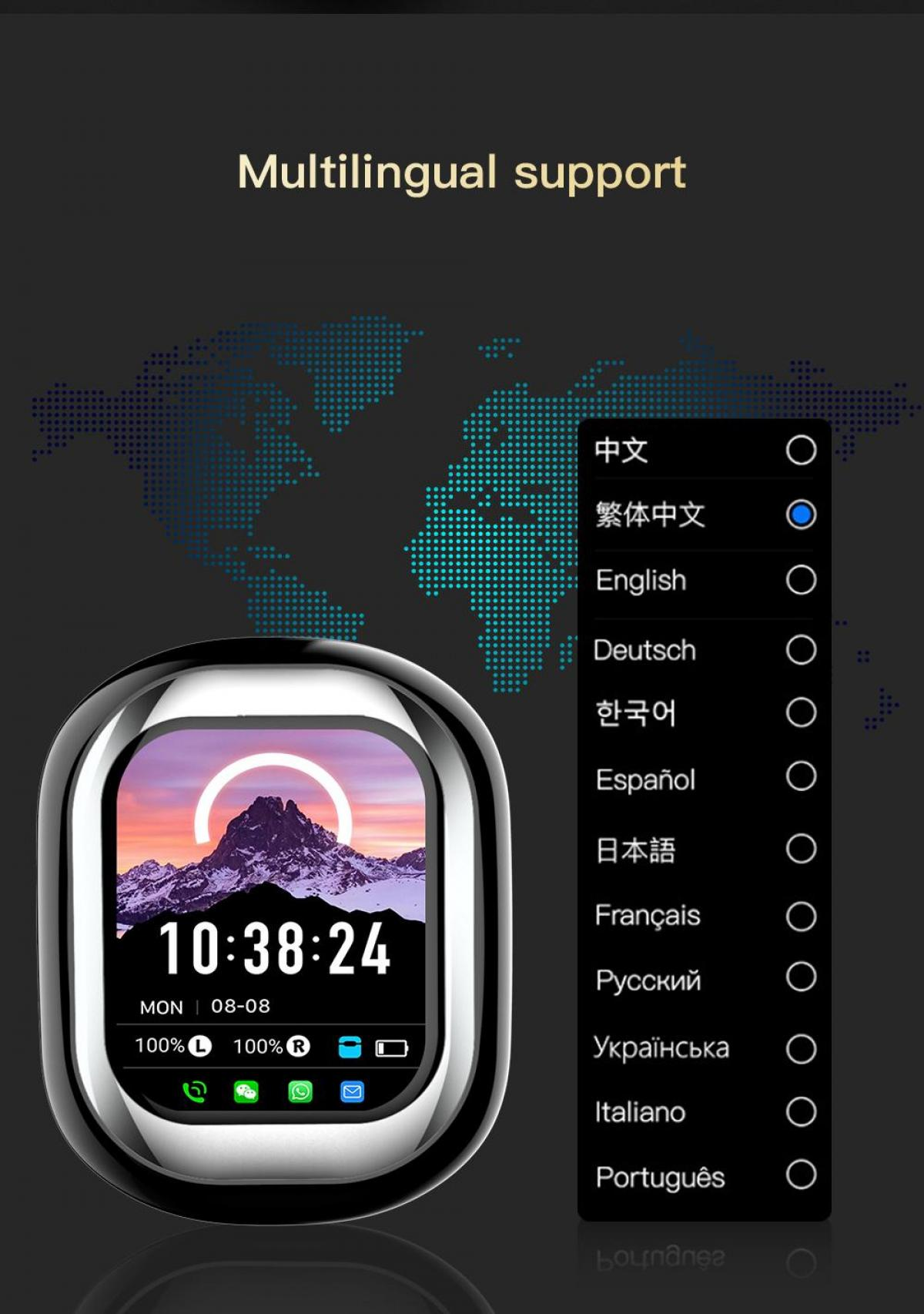 Smartwatch-Bildschirm zeigt Zeit und Datum. Optionen zur Sprachauswahl sind abgebildet, mit Weltkarte im Hintergrund.