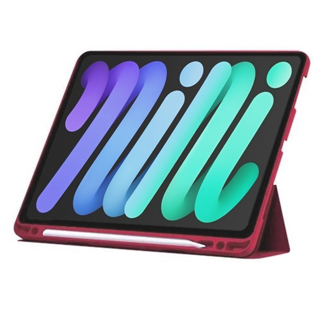 iPad Mini rosso in una custodia con stilo. Lo schermo mostra un logo 'mini' colorato. La custodia è inclinata.