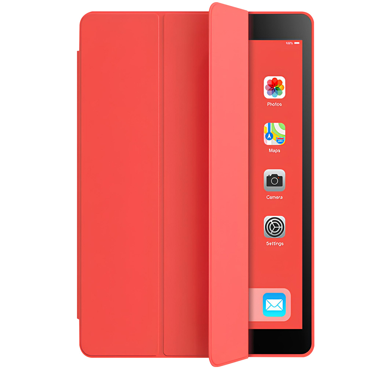 Un tablet rosso con custodia è aperto. Lo schermo mostra icone di app. La custodia è parzialmente aperta, rivelando lo schermo.
