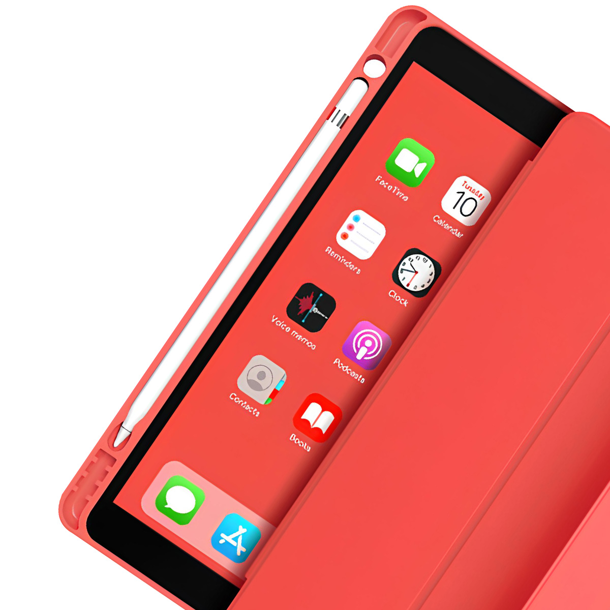 Un tablet rosso con icone, uno stilo bianco e una cover rossa. Lo schermo mostra icone di app come Facetime, Calendario, Promemoria e altro.