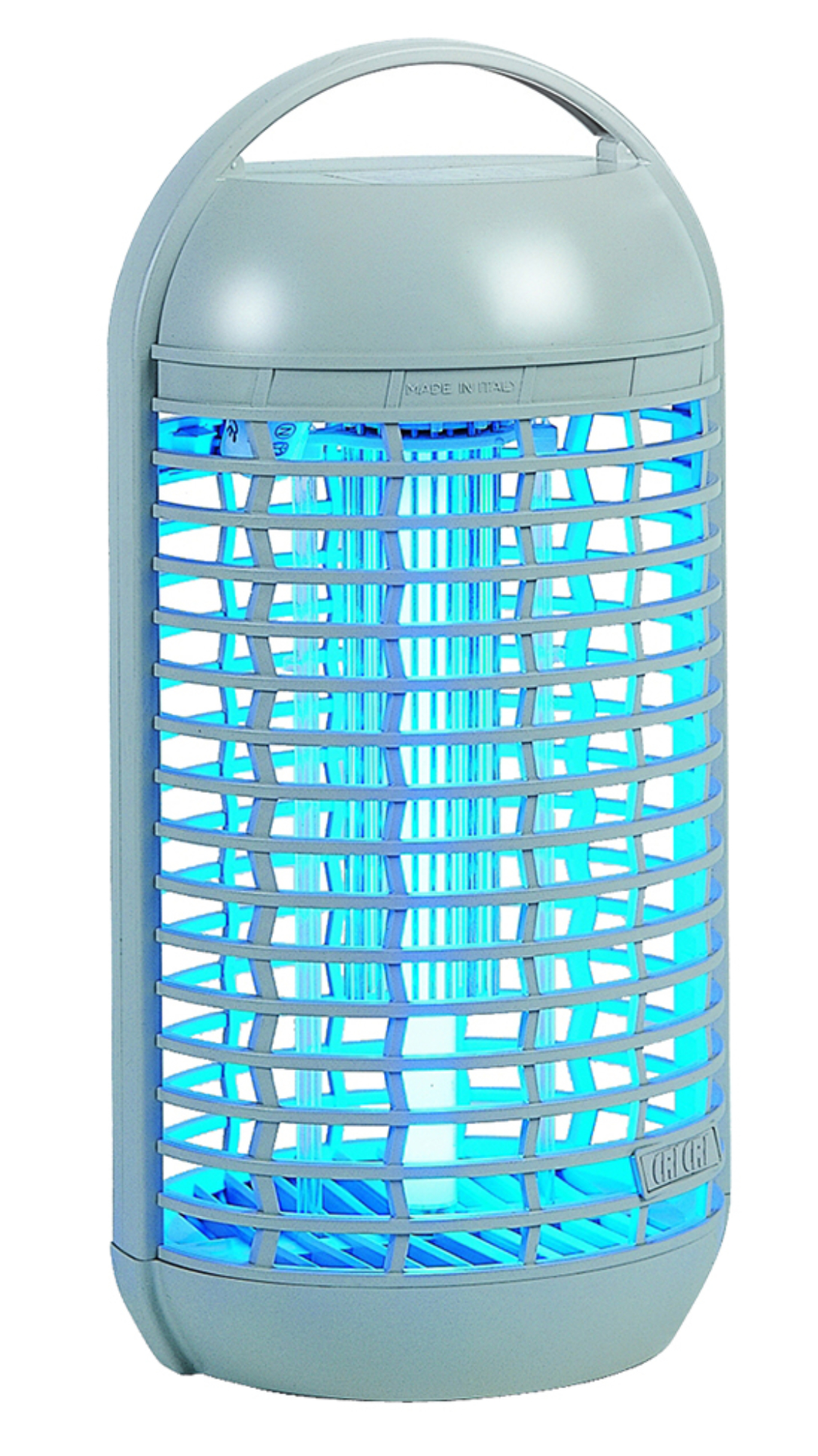 Ein hellblaues Insektenvernichtungsgerät mit Griff. Es hat ein Käfigdesign mit hellem blauem Licht im Inneren. Made in Italy ist sichtbar.
