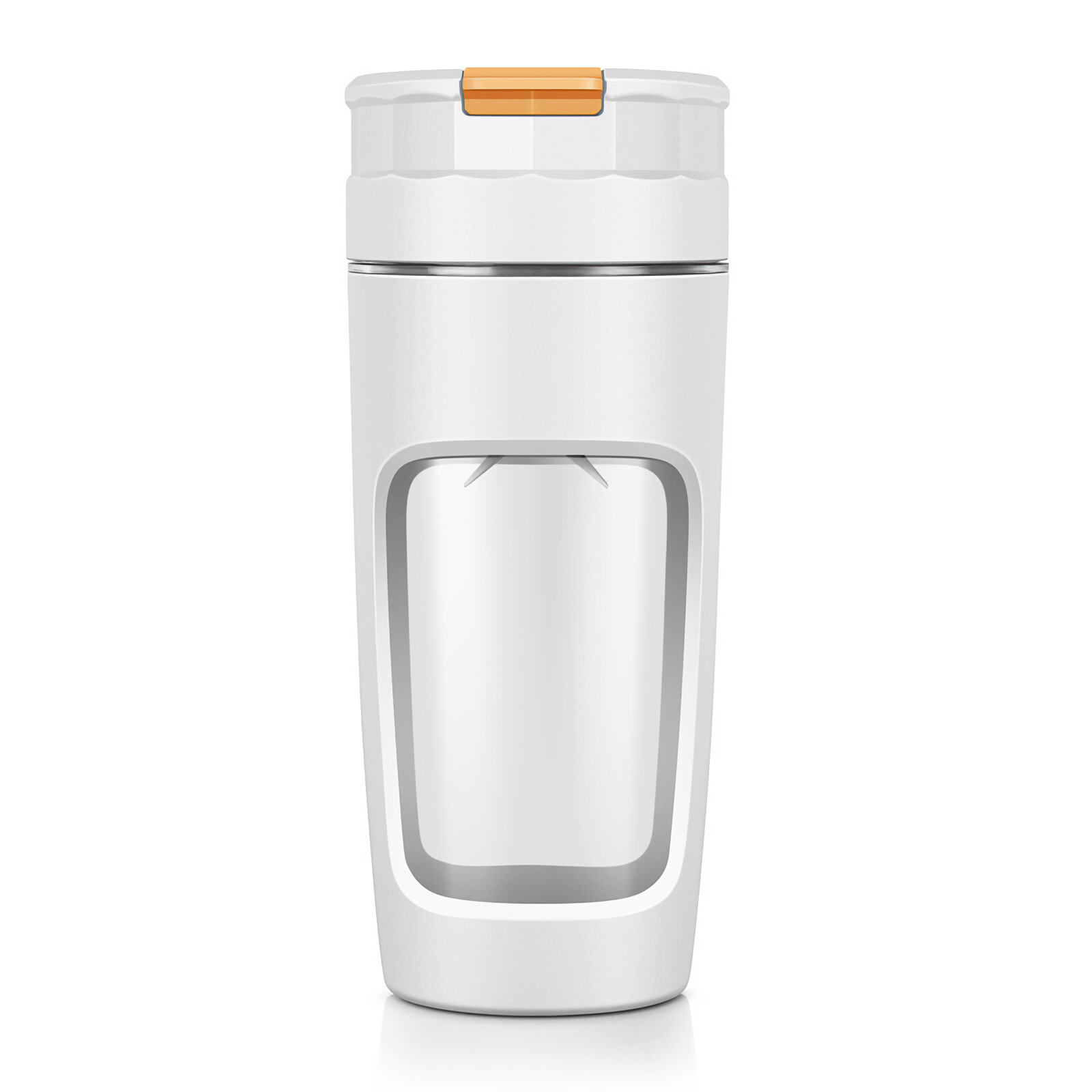 Eine weiße Mixflasche mit orangefarbenem Deckel auf weißem Hintergrund. Die Flasche hat einen rechteckigen Ausschnitt.