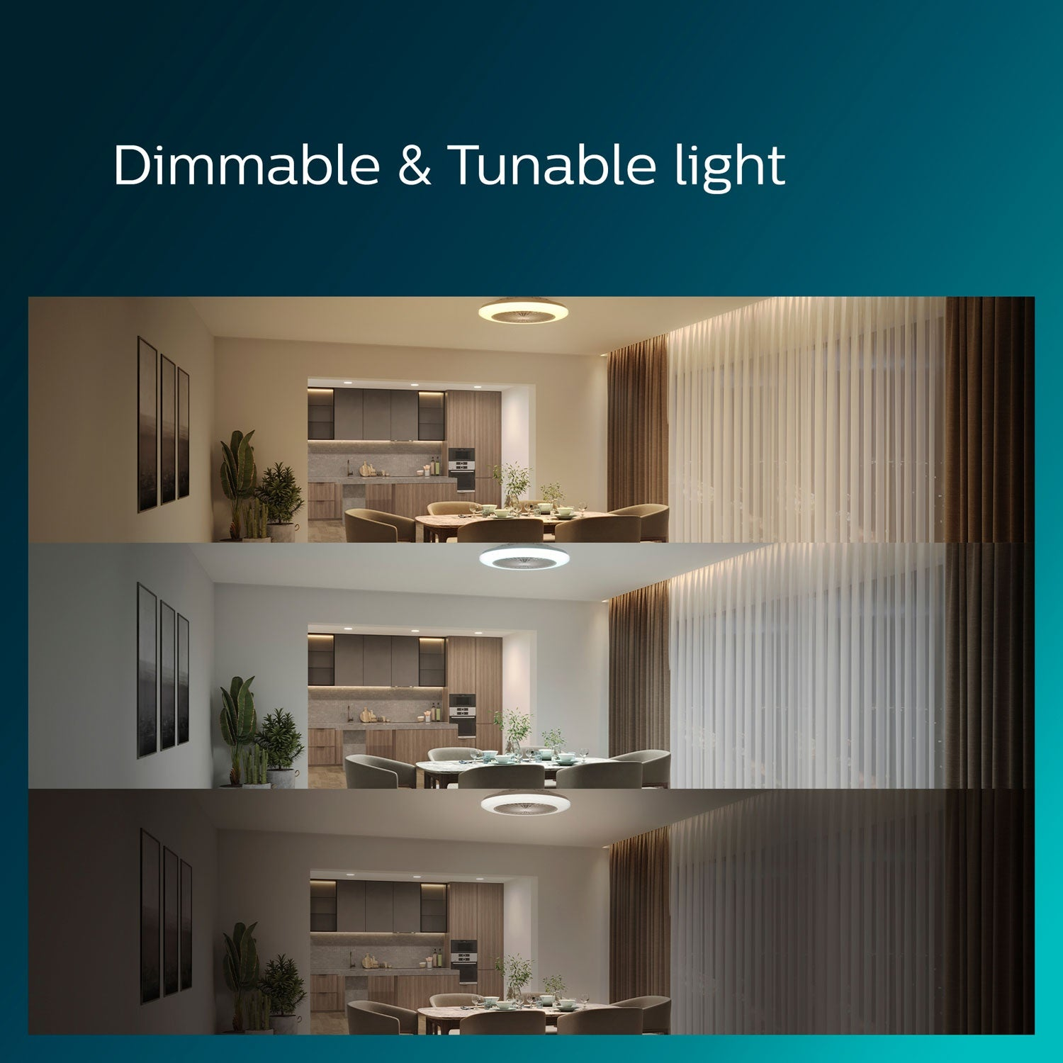 Image shows a room with adjustable lighting. Different lighting scenes are presented. The text 'Dimmable & Tunable light' is at the top.