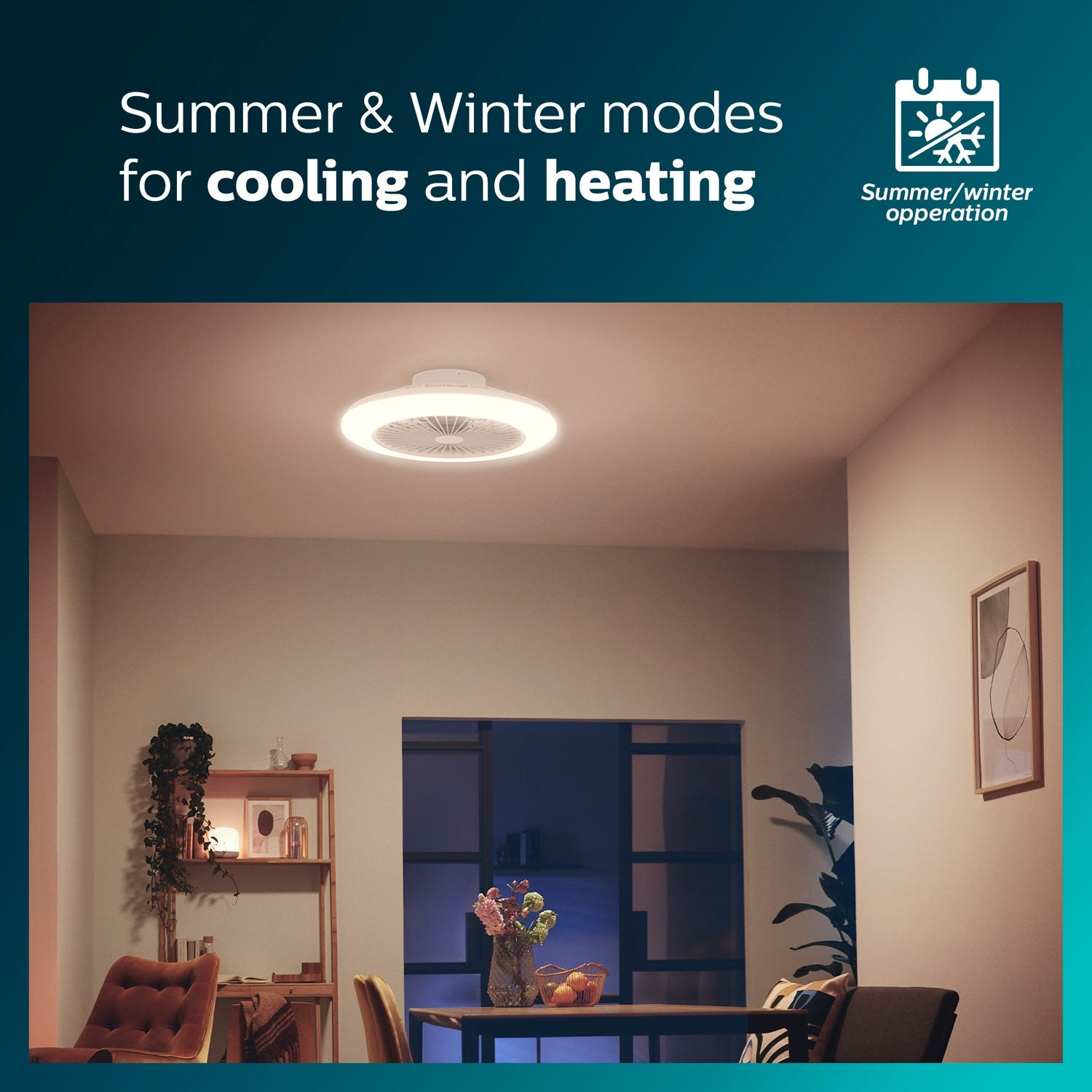 A room with a ceiling fan, table, chairs, and artwork. Text says "Summer & Winter modes for cooling and heating."