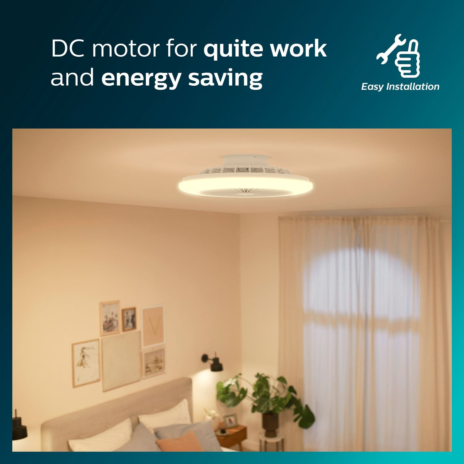 A ceiling fan with light. A bed, framed pictures, plants, and a window with curtains are also in the room.