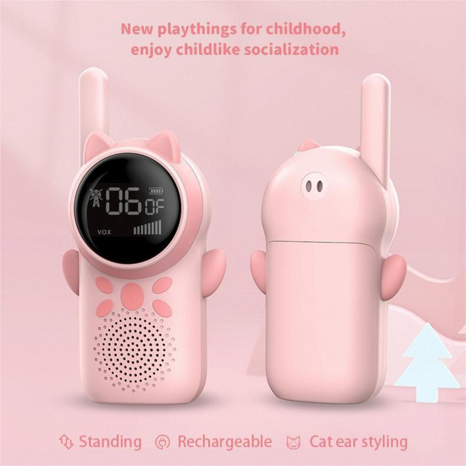 Zwei rosa Walkie-Talkies in Katzenform mit Antennen. Eines zeigt ein Display mit Zahlen und Akkulaufzeit. Text: Spielzeug für die Kindheit.