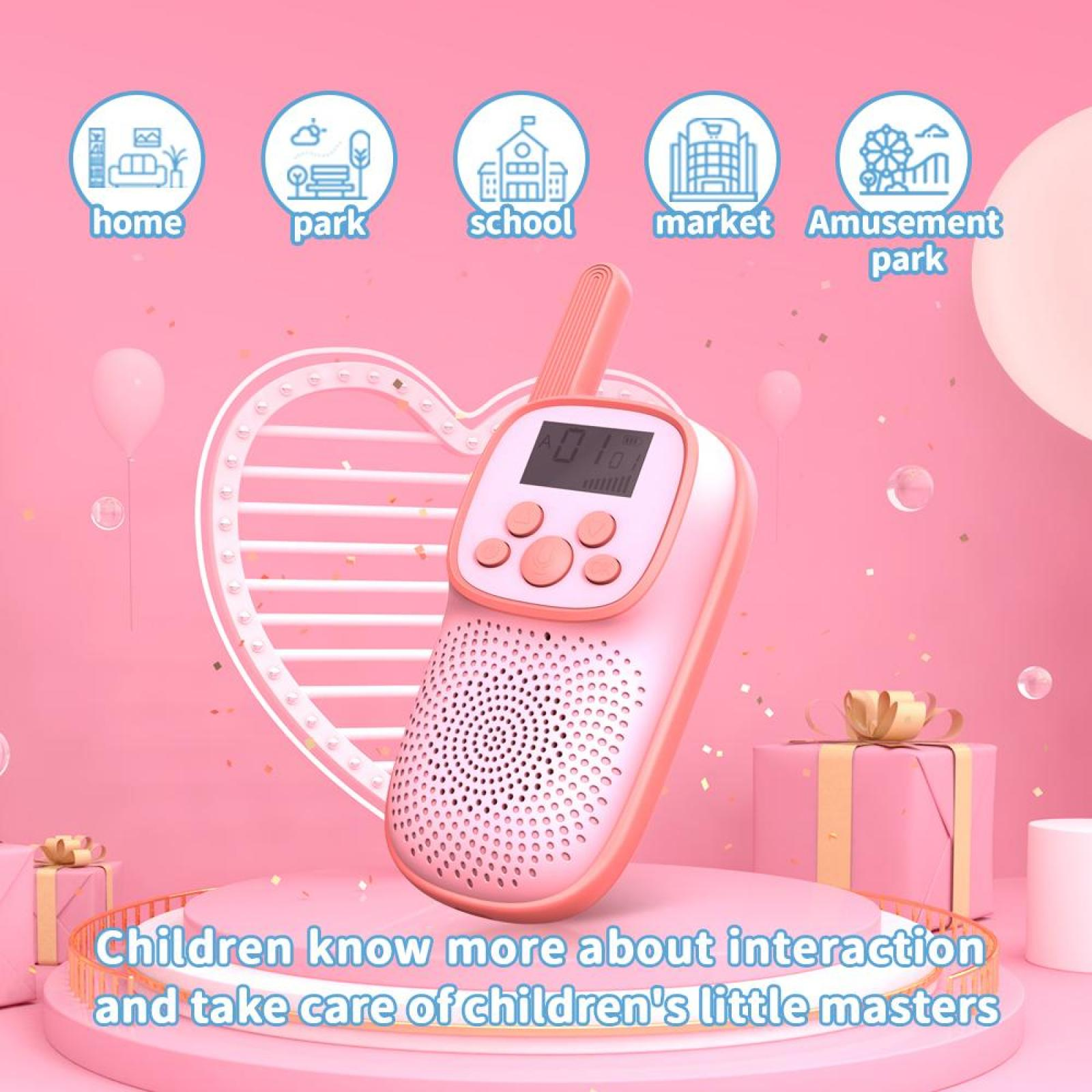 Rosa Walkie-Talkie mit Knöpfen, vor rosa Hintergrund mit Symbolen von Zuhause, Park, Schule, Markt und Vergnügungspark.