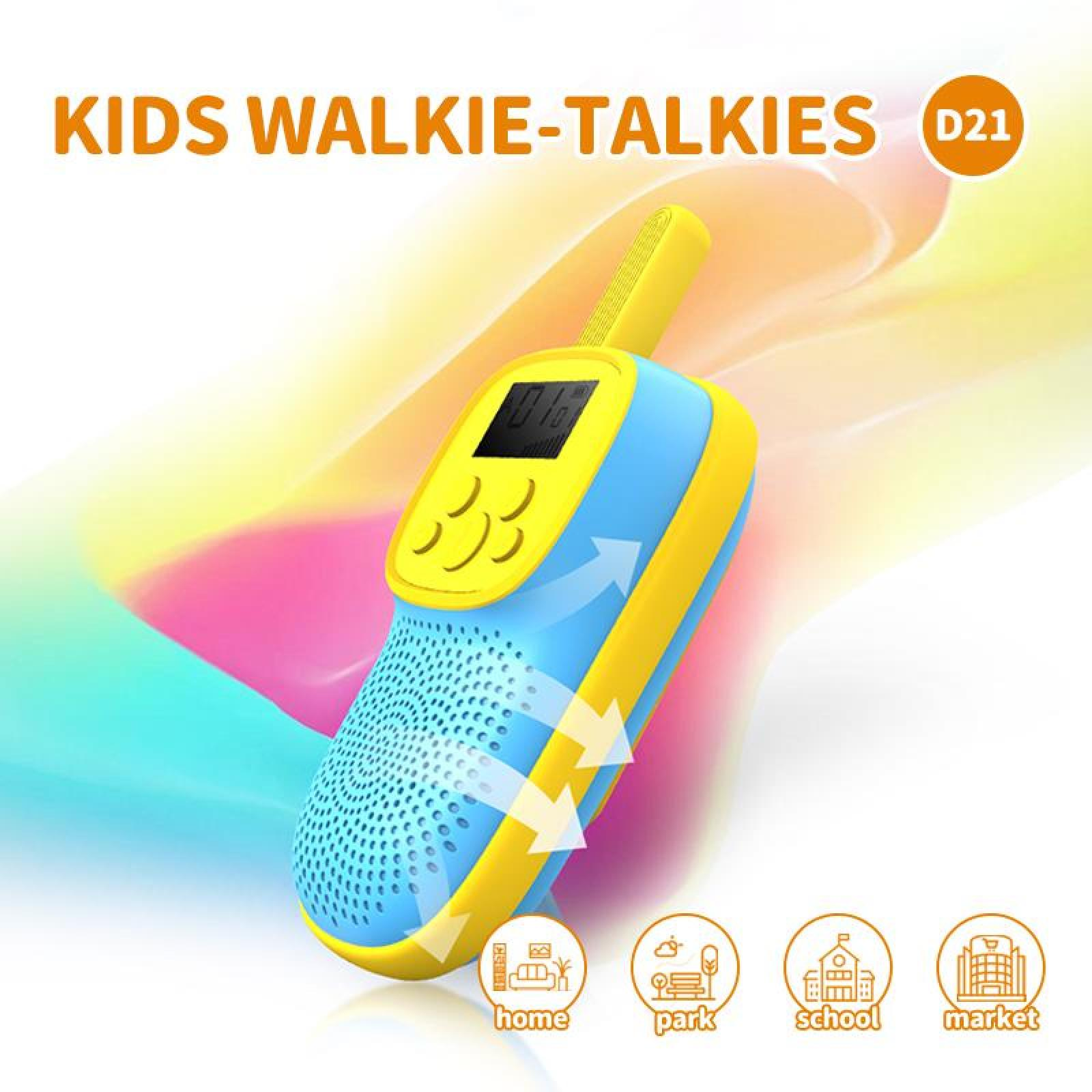 Blau-gelbes Kinder-Walkie-Talkie. Text: Kinder Walkie-Talkies. Symbole für Zuhause, Park, Schule und Markt unten.