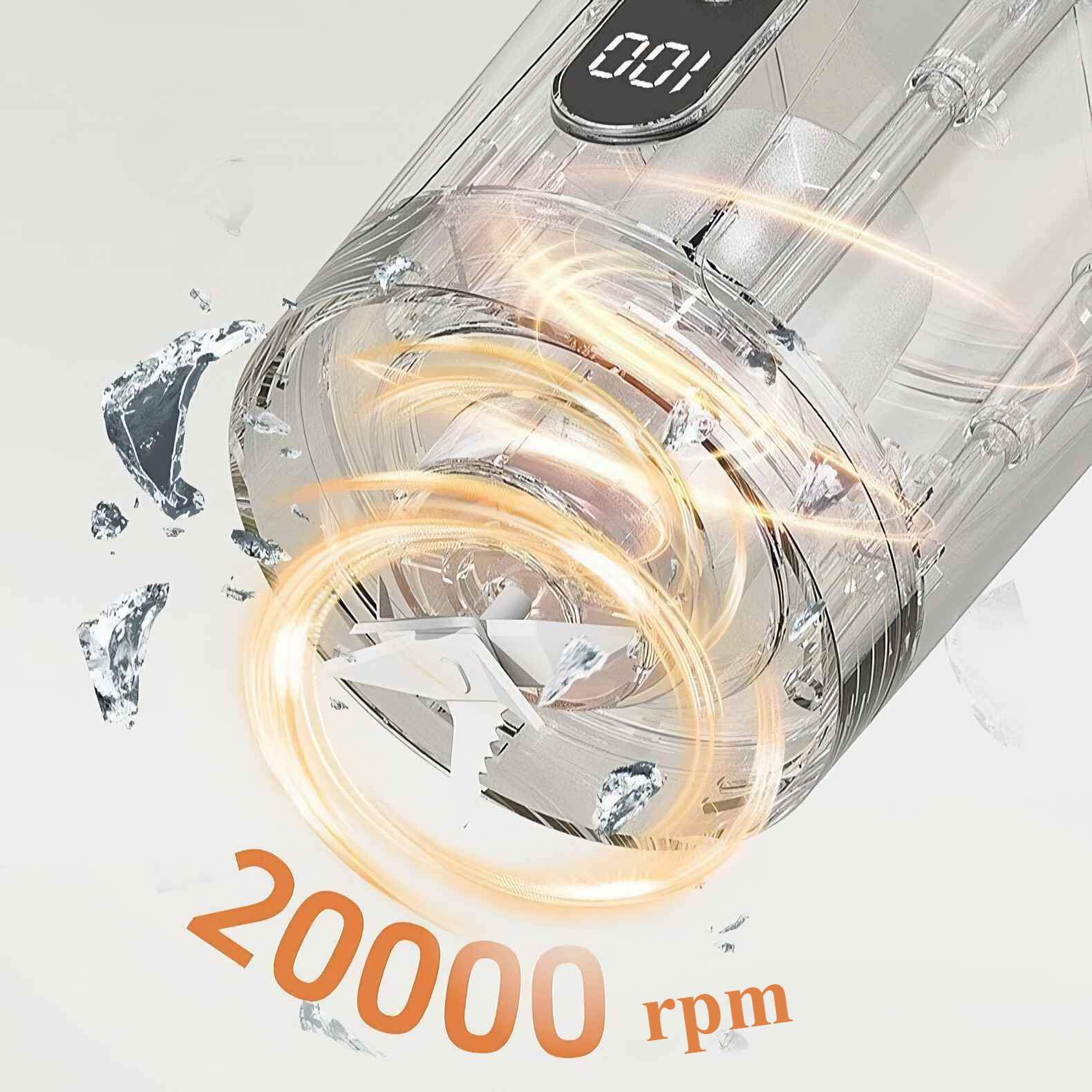 Ein transparenter Mixer zeigt ein LCD-Display. Orangefarbene Energiereifen und Eissplitter umgeben den Mixer. Er zeigt 20000 U/min.
