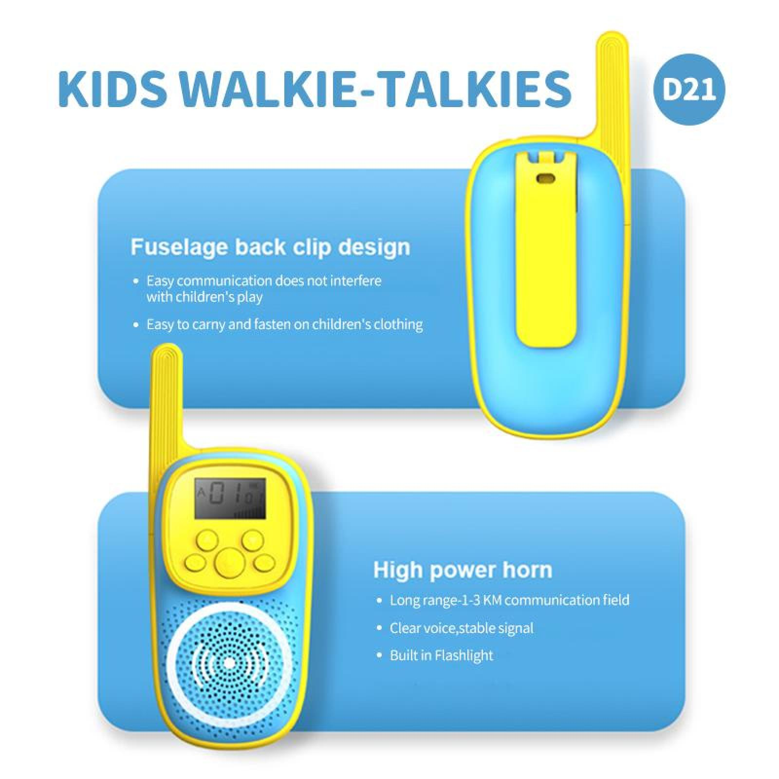 Das Bild zeigt blau-gelbe Walkie-Talkies mit aufgelisteten Funktionen. Der Text enthält 'KIDS WALKIE-TALKIES', 'Fuselage back clip design' und 'High power horn'.