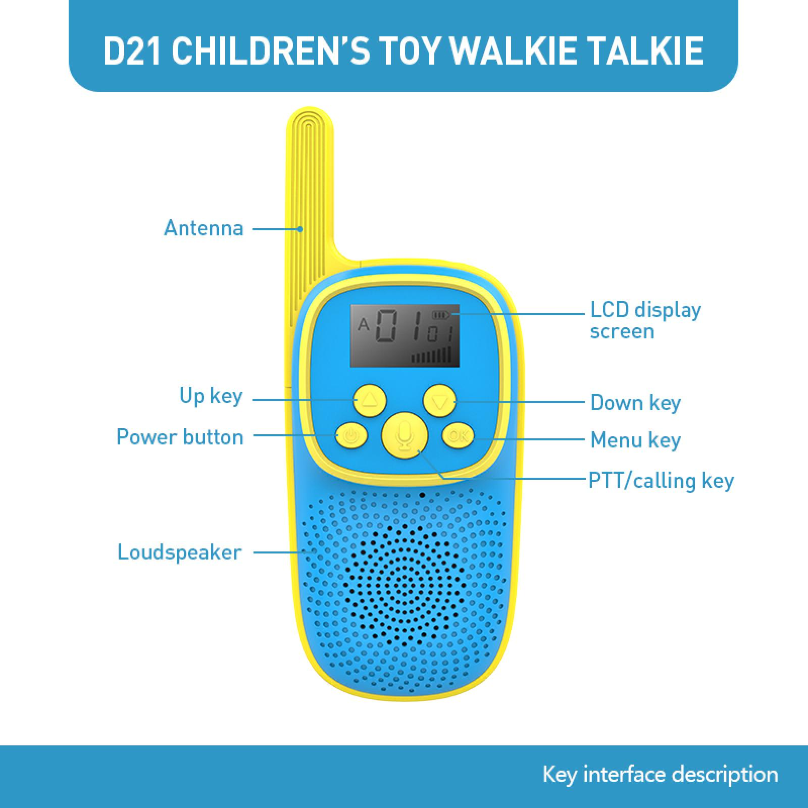 Ein blau-gelbes Kinder-Walkie-Talkie. Es hat eine Antenne, einen LCD-Bildschirm und mehrere Tasten, darunter Auf-, Ab-, Menü- und PTT-Tasten.