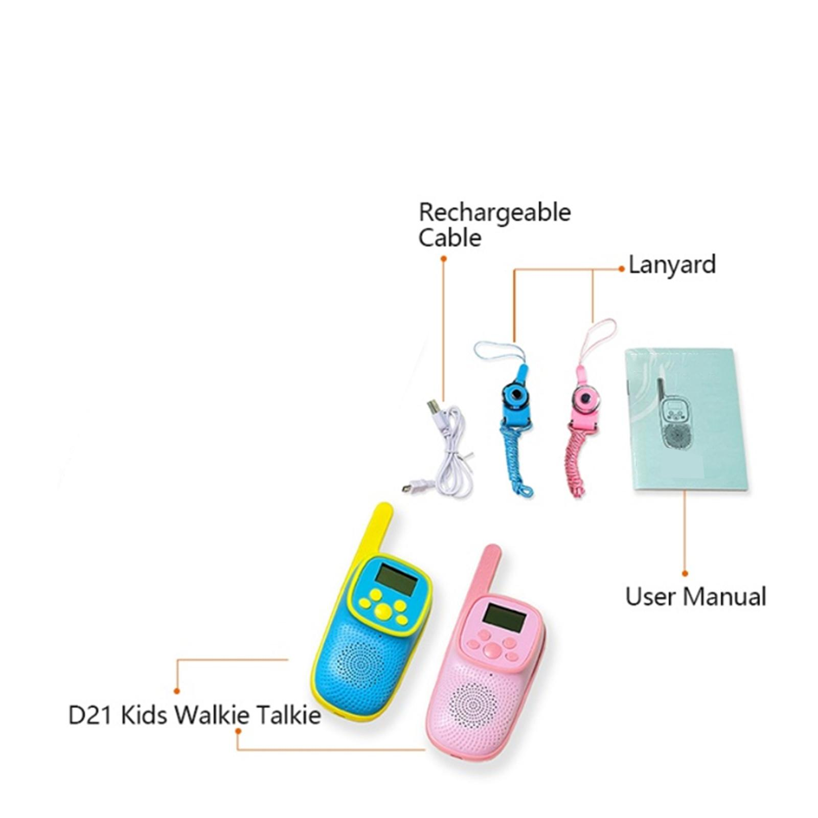 Das Bild zeigt ein blaues und rosa Walkie-Talkie-Set mit Zubehör wie Ladekabel, Schlüsselbändern und Benutzerhandbuch.