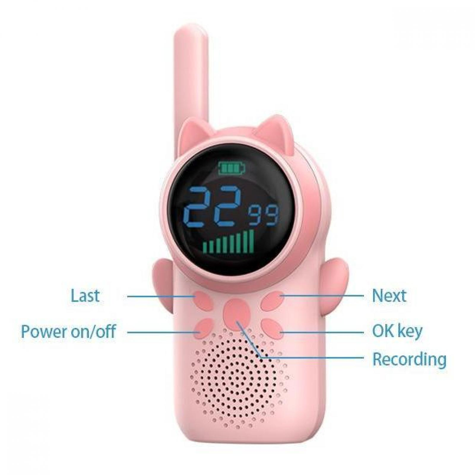 Rosa Babyphone mit Display, das '22.99' anzeigt. Es hat Tasten mit den Bezeichnungen 'Last', 'Next', 'OK key', 'Power on/off' und 'Recording'.