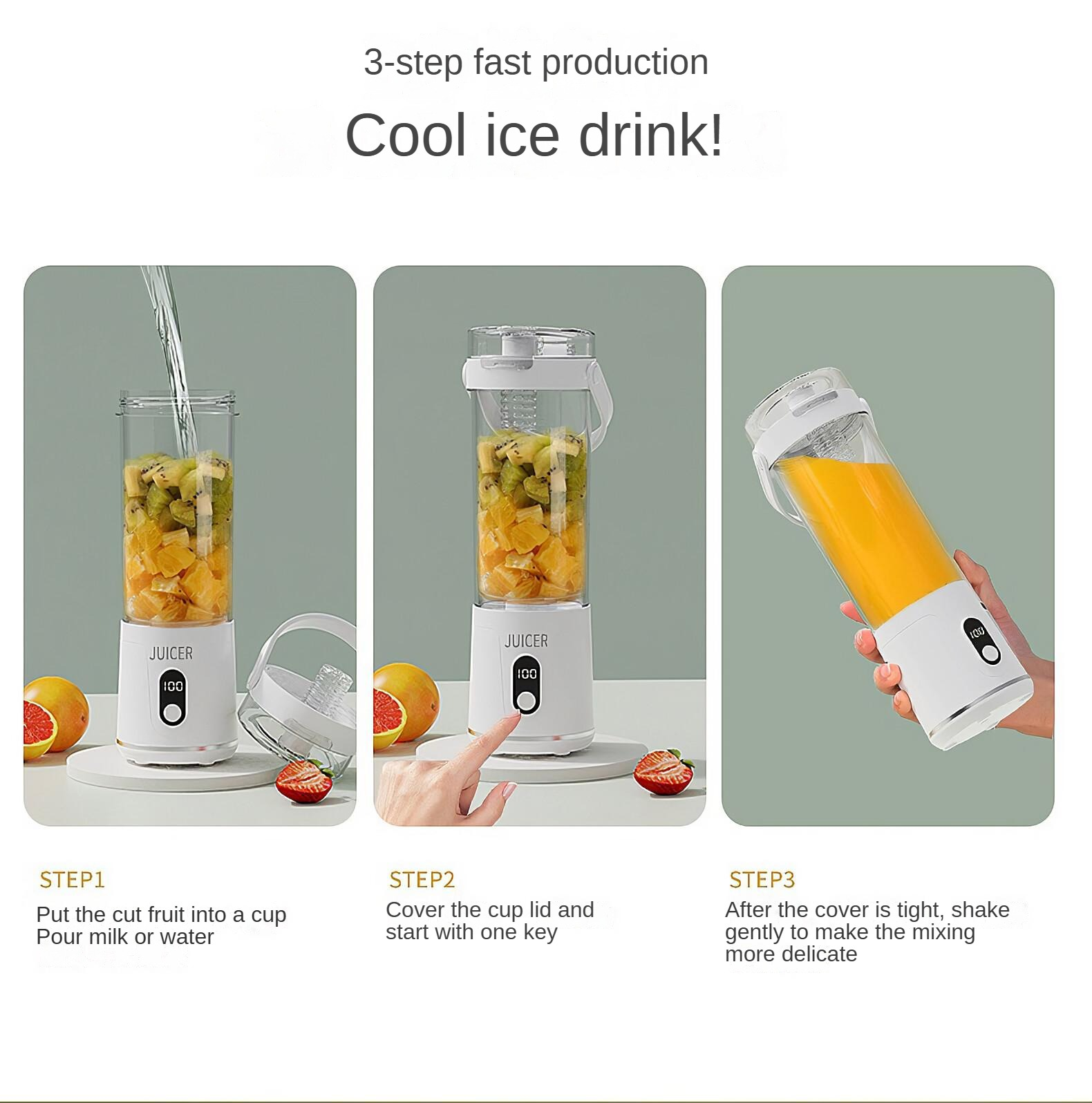 Das Bild zeigt eine 3-stufige Anleitung zur Herstellung eines kühlen Eisgetränks. Es zeigt einen Entsafter, Obst und Anweisungen.
